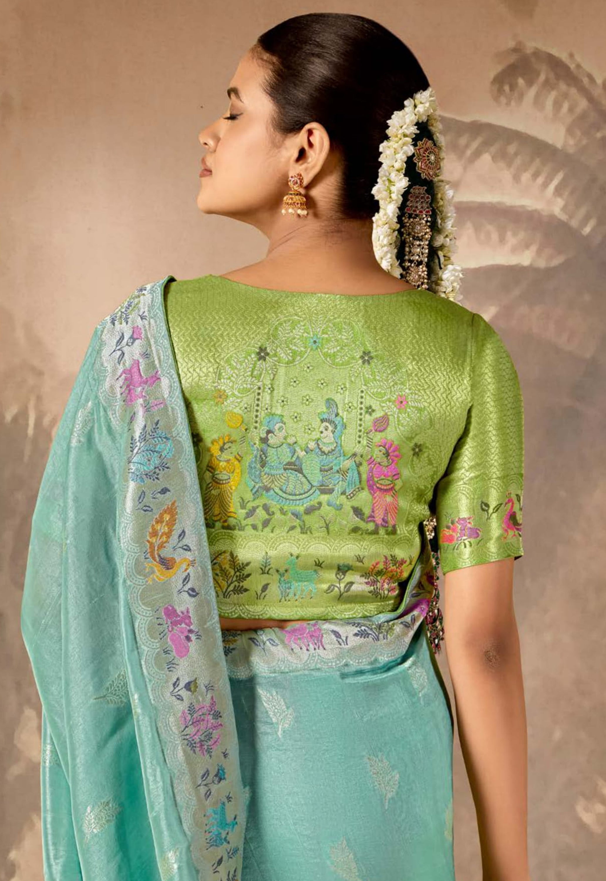 Turquoise Silk Saree With  Jacquard Woven