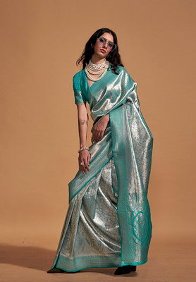 Turquoise Silk Saree With  Woven Work