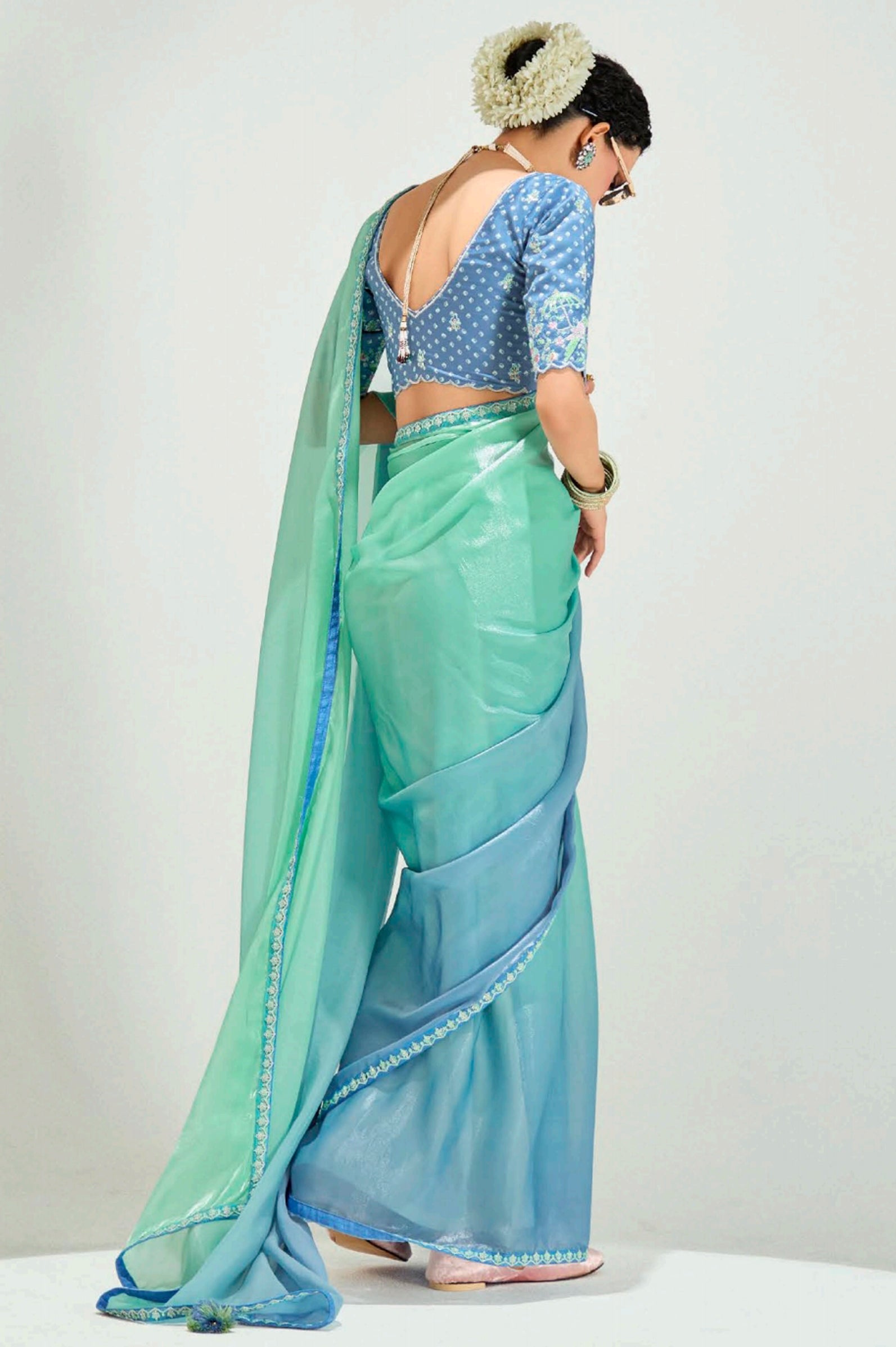 Turquoise  Sky Blue Organza Saree with Embroidered Blouse