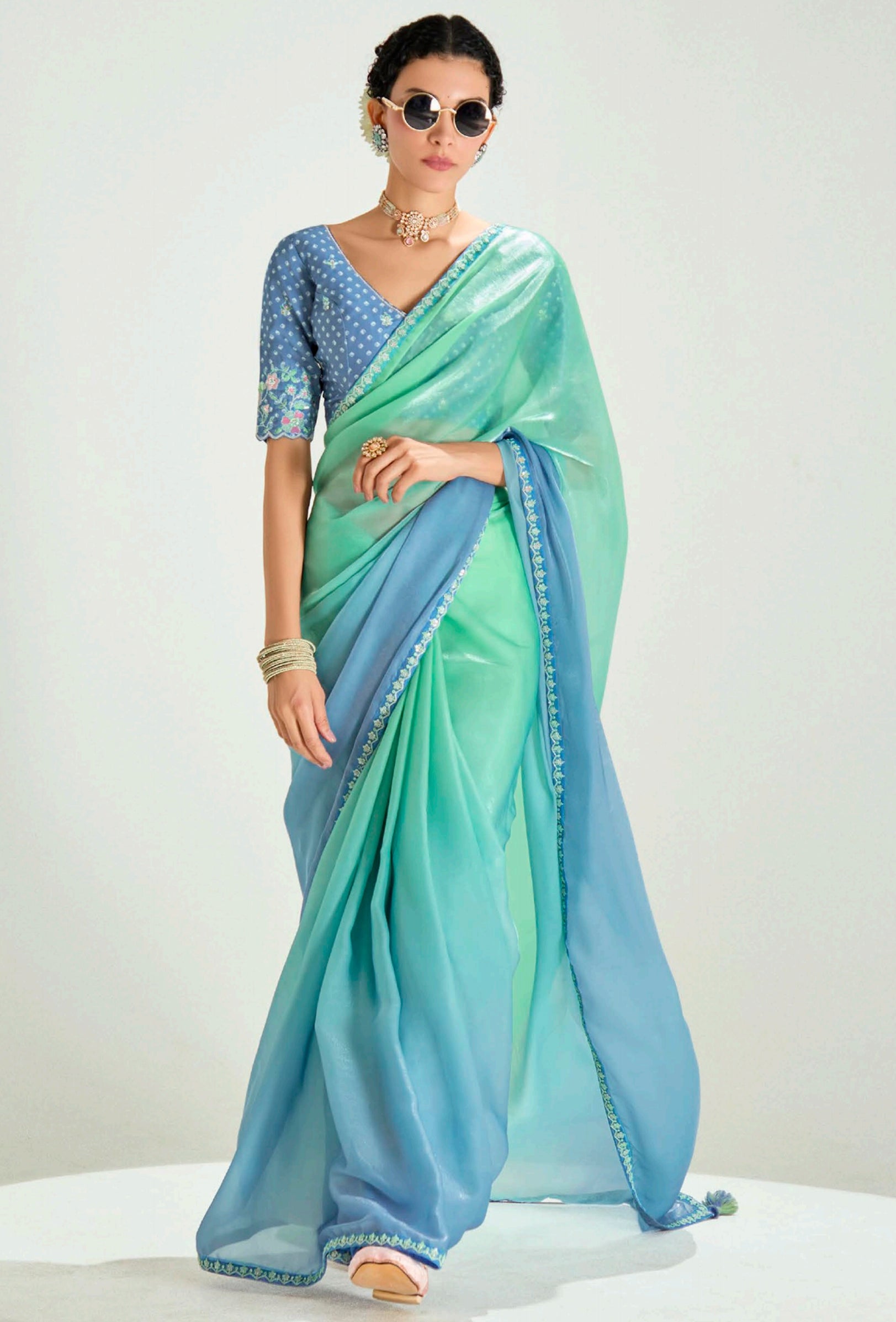 Turquoise  Sky Blue Organza Saree with Embroidered Blouse