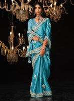 Turquoise Tissue Silk Saree With  Heavy Thread and Zari Embroidered Work