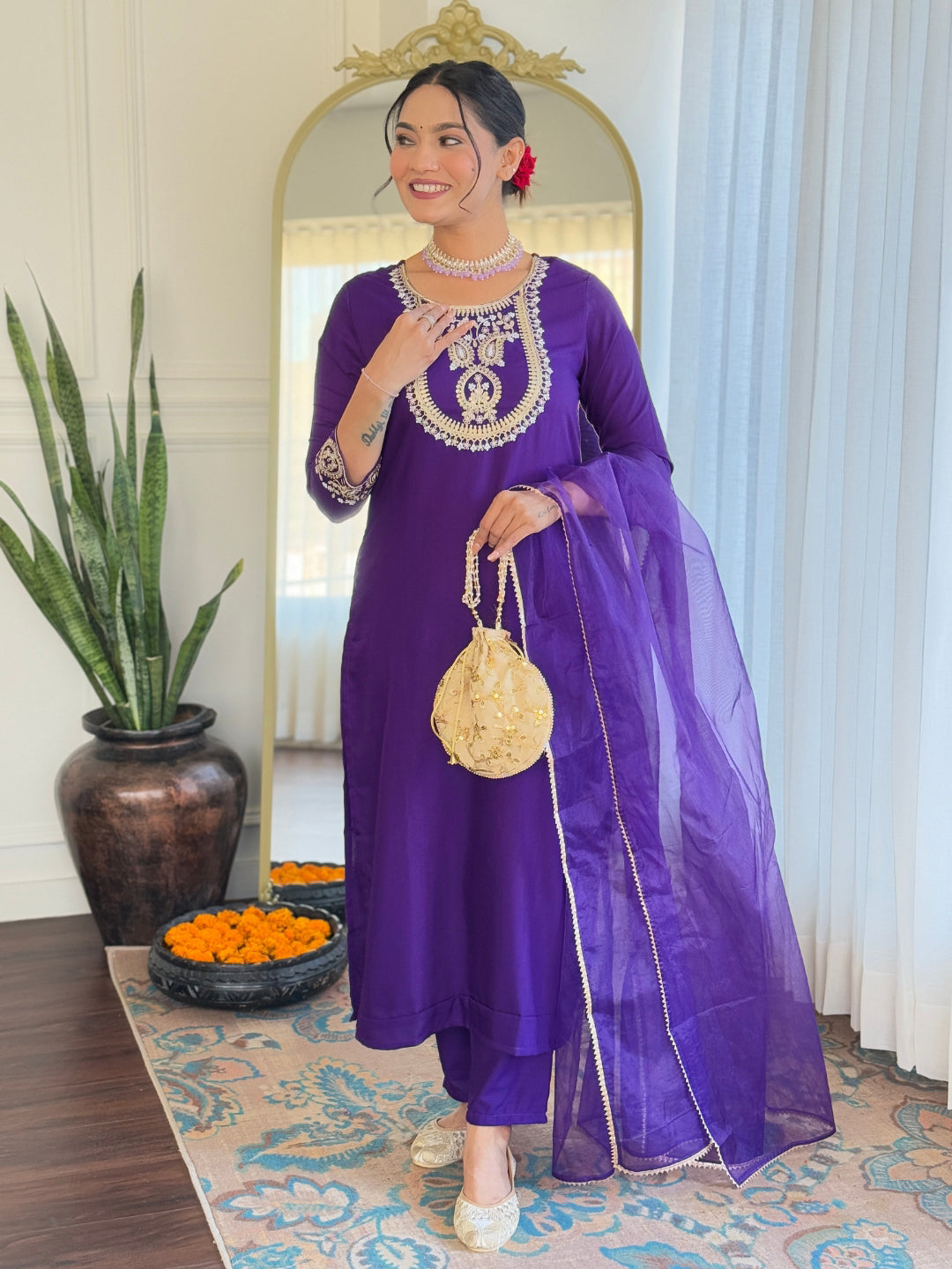 Violate Rayon Slub Elegant Kurta Pant Set With Embroidery Work