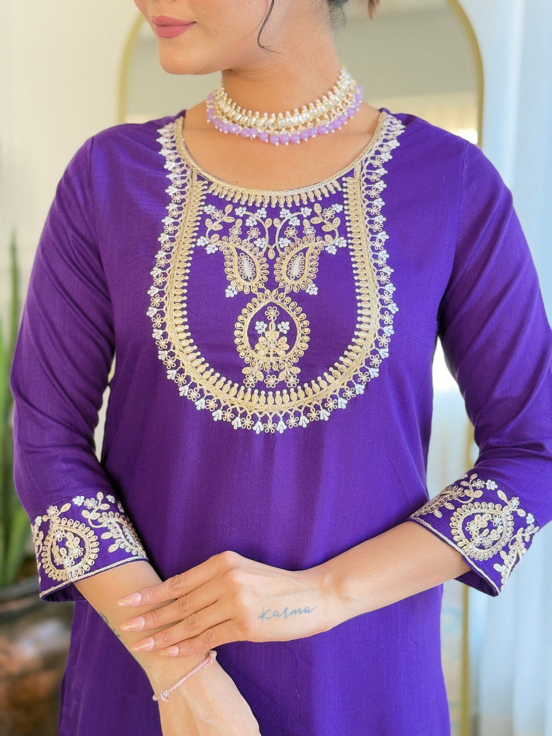 Violate Rayon Slub Elegant Kurta Pant Set With Embroidery Work