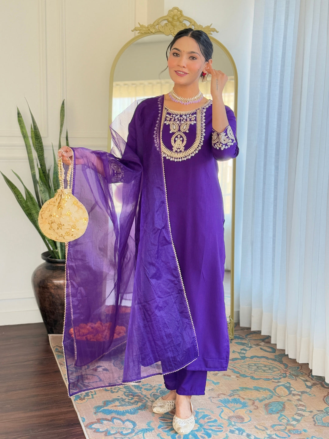 Violate Rayon Slub Elegant Kurta Pant Set With Embroidery Work