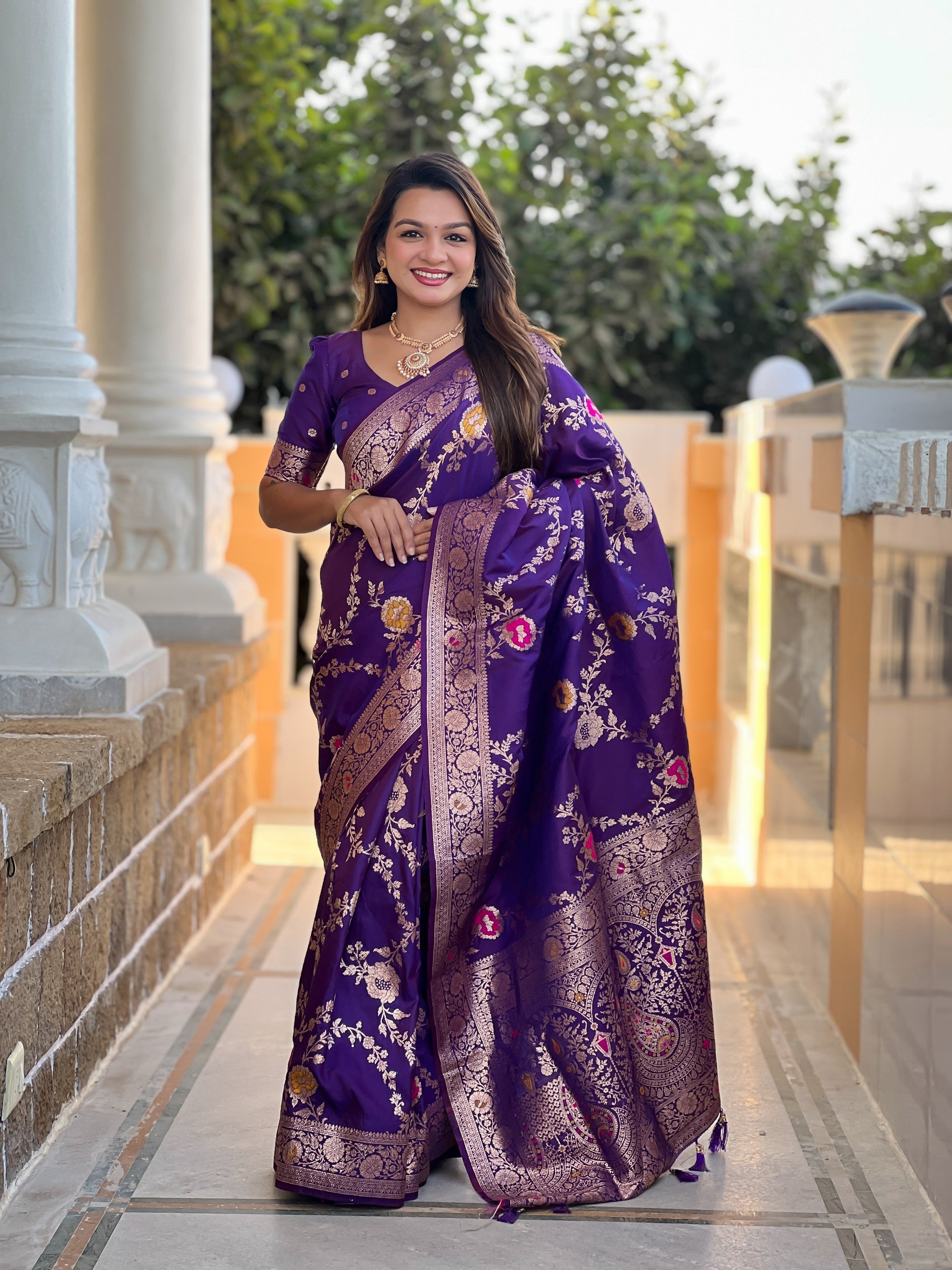 Violet Banarasi Silk Saree With Traditional Woven Meenakari Designer Traditional Looks