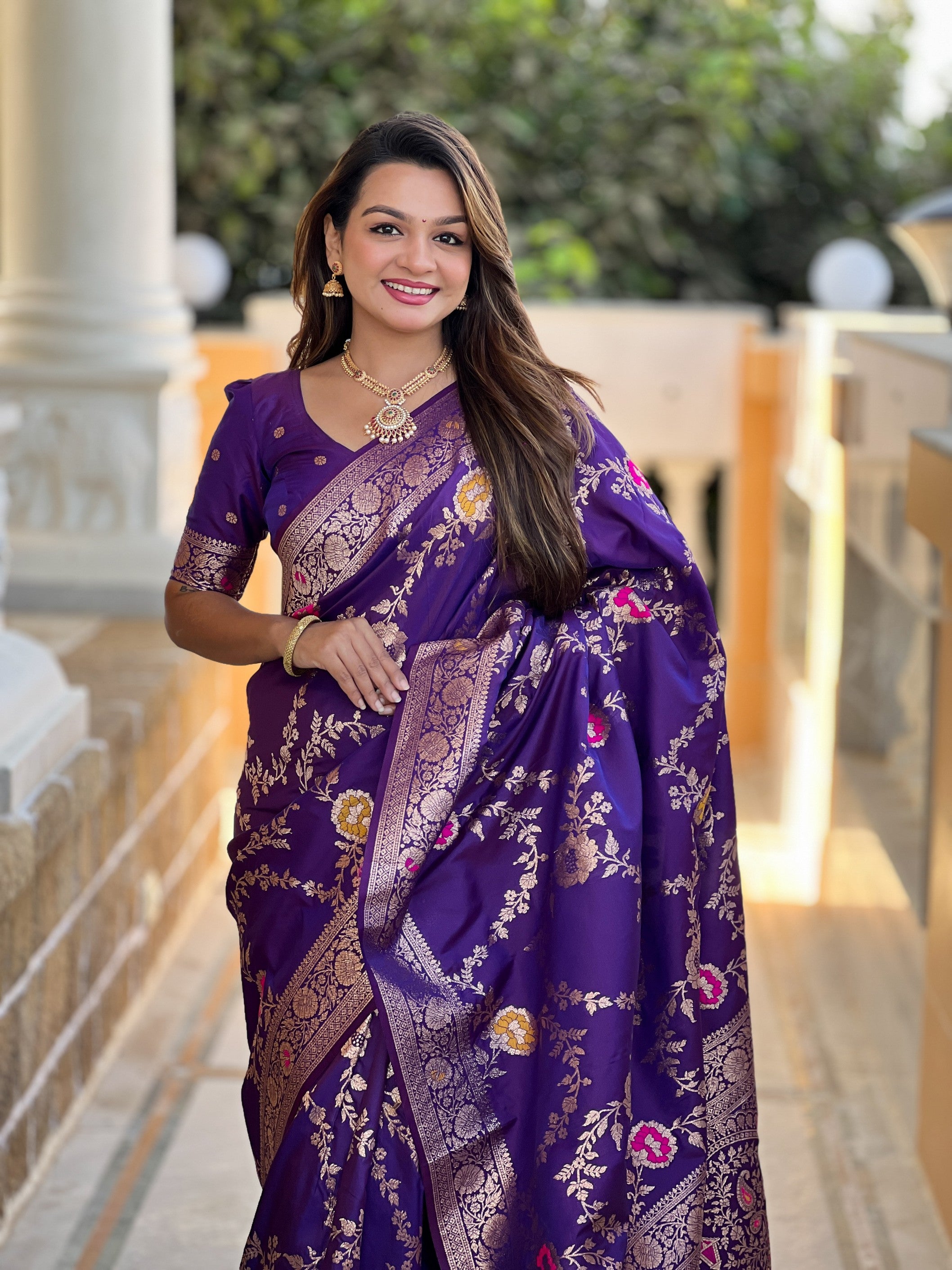 Violet Banarasi Silk Saree With Traditional Woven Meenakari Designer Traditional Looks