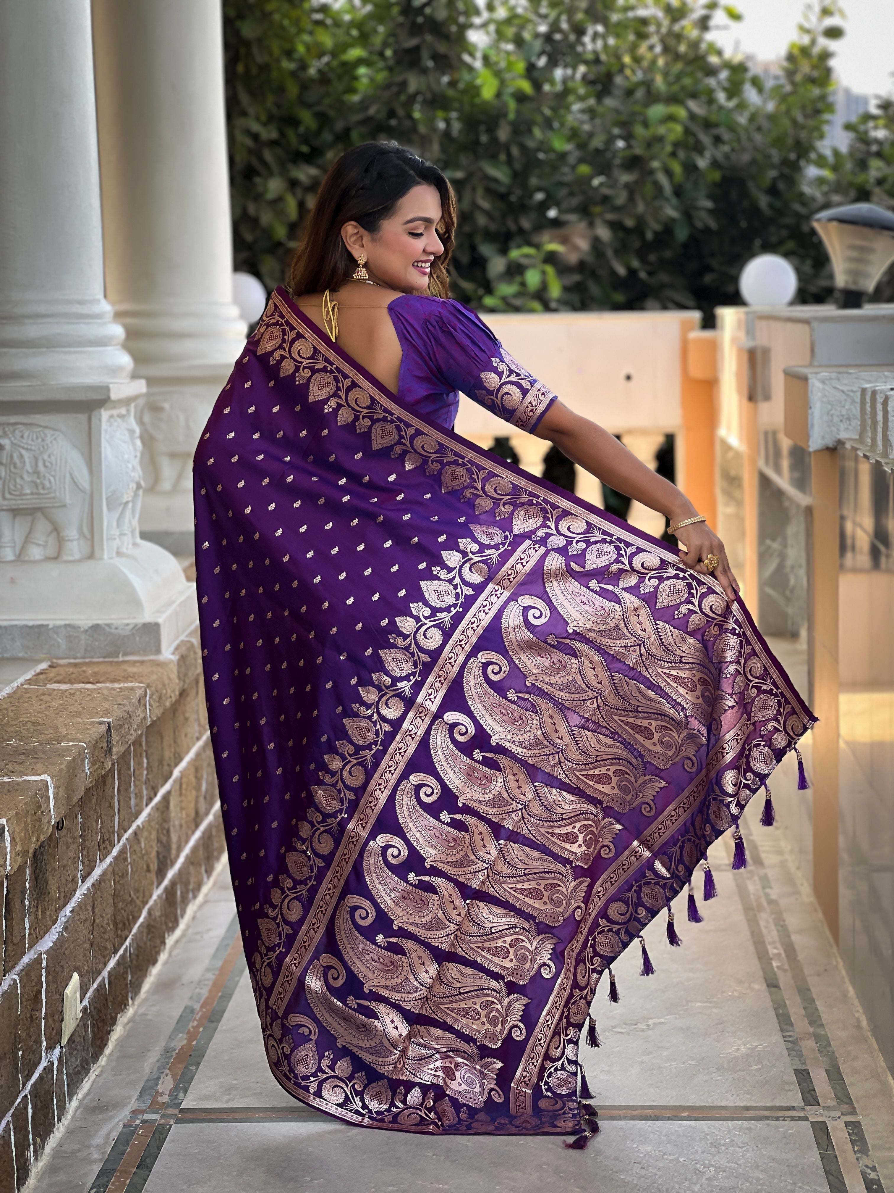 Violet Banarasi Silk Saree With Woven Jacquard Designer Partywear Saree