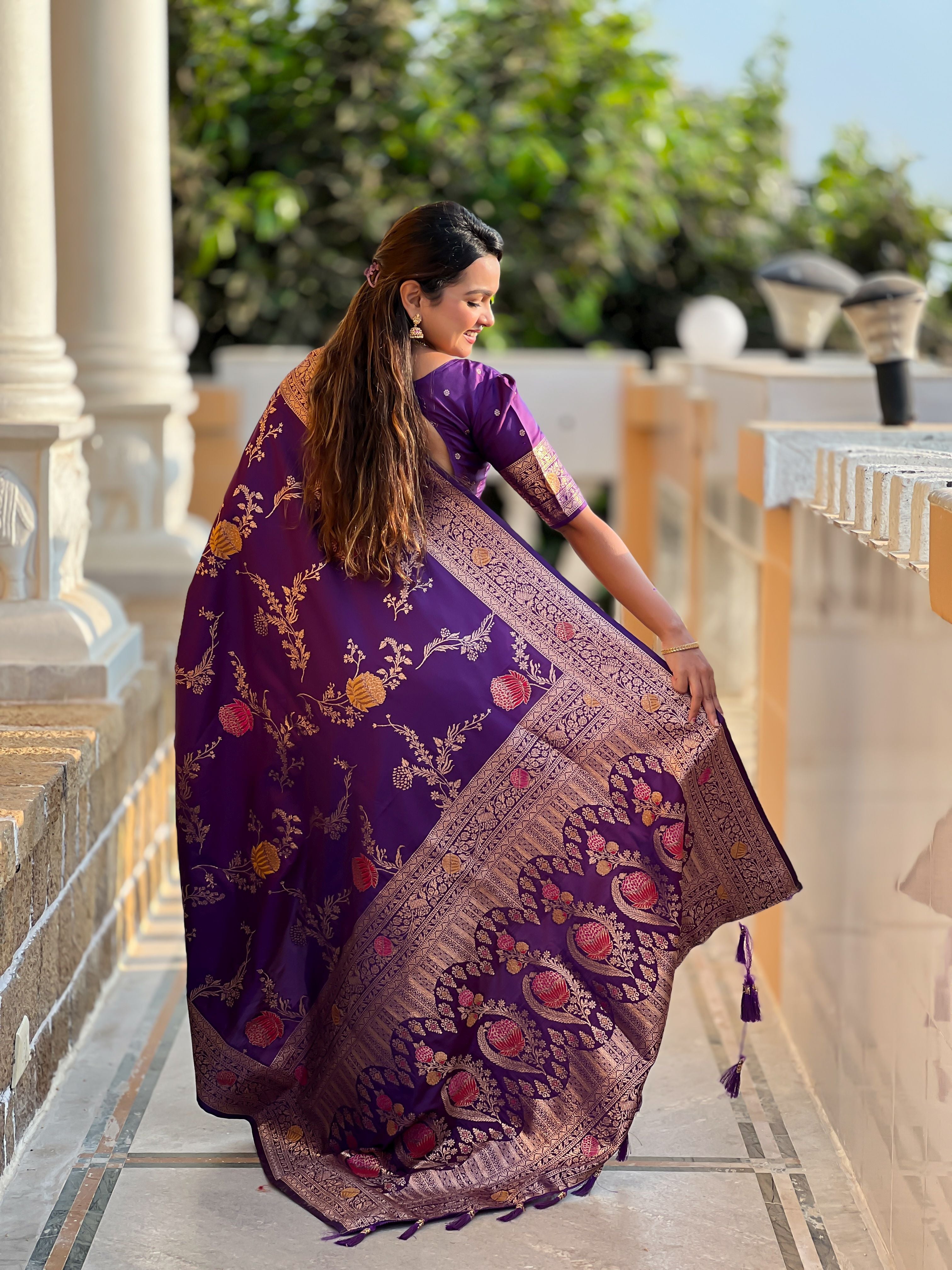 Violet Beautiful Banarasi Silk Woven Meenakari Designer Graceful Ethnic Saree