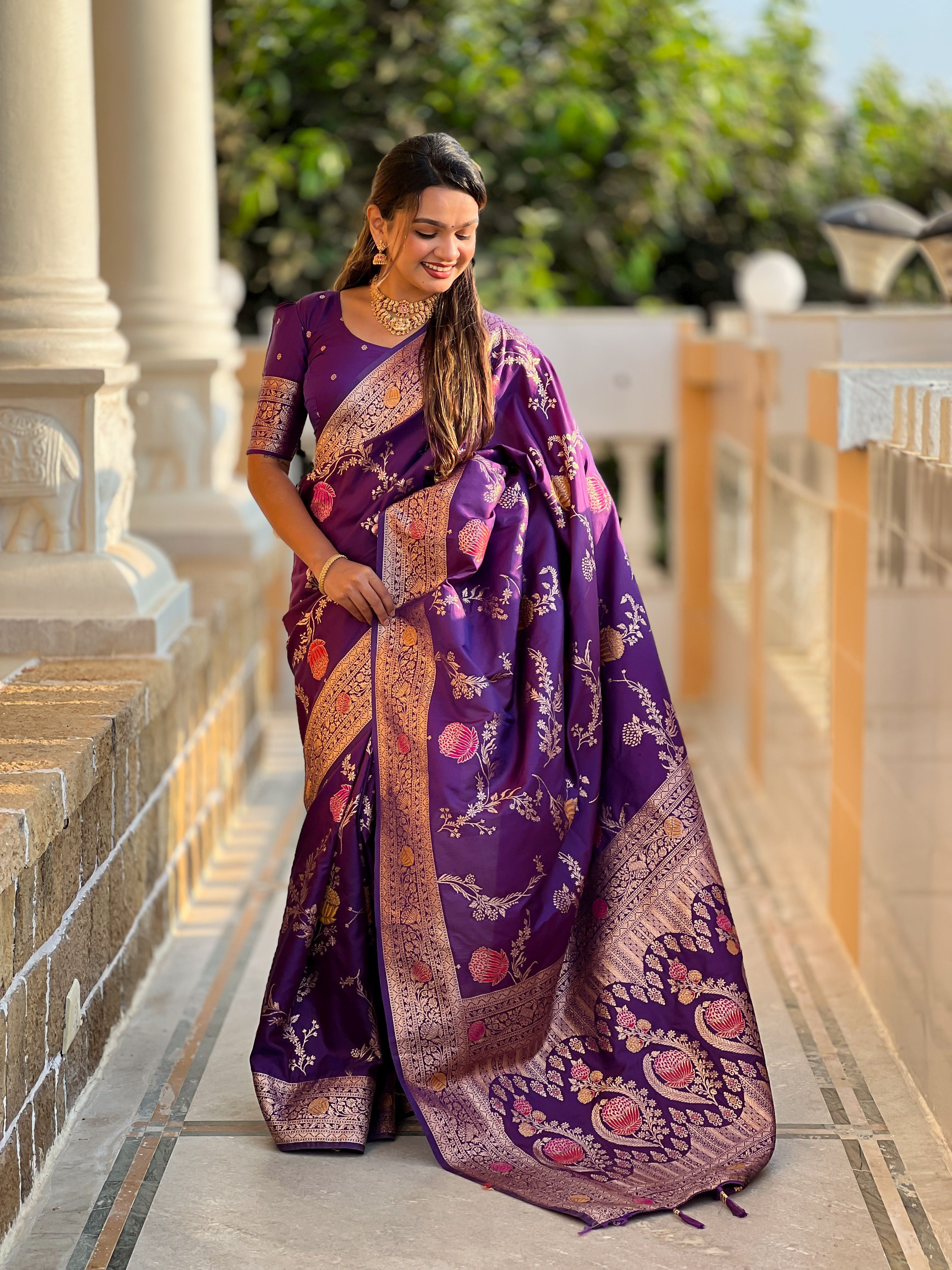 Violet Beautiful Banarasi Silk Woven Meenakari Designer Graceful Ethnic Saree