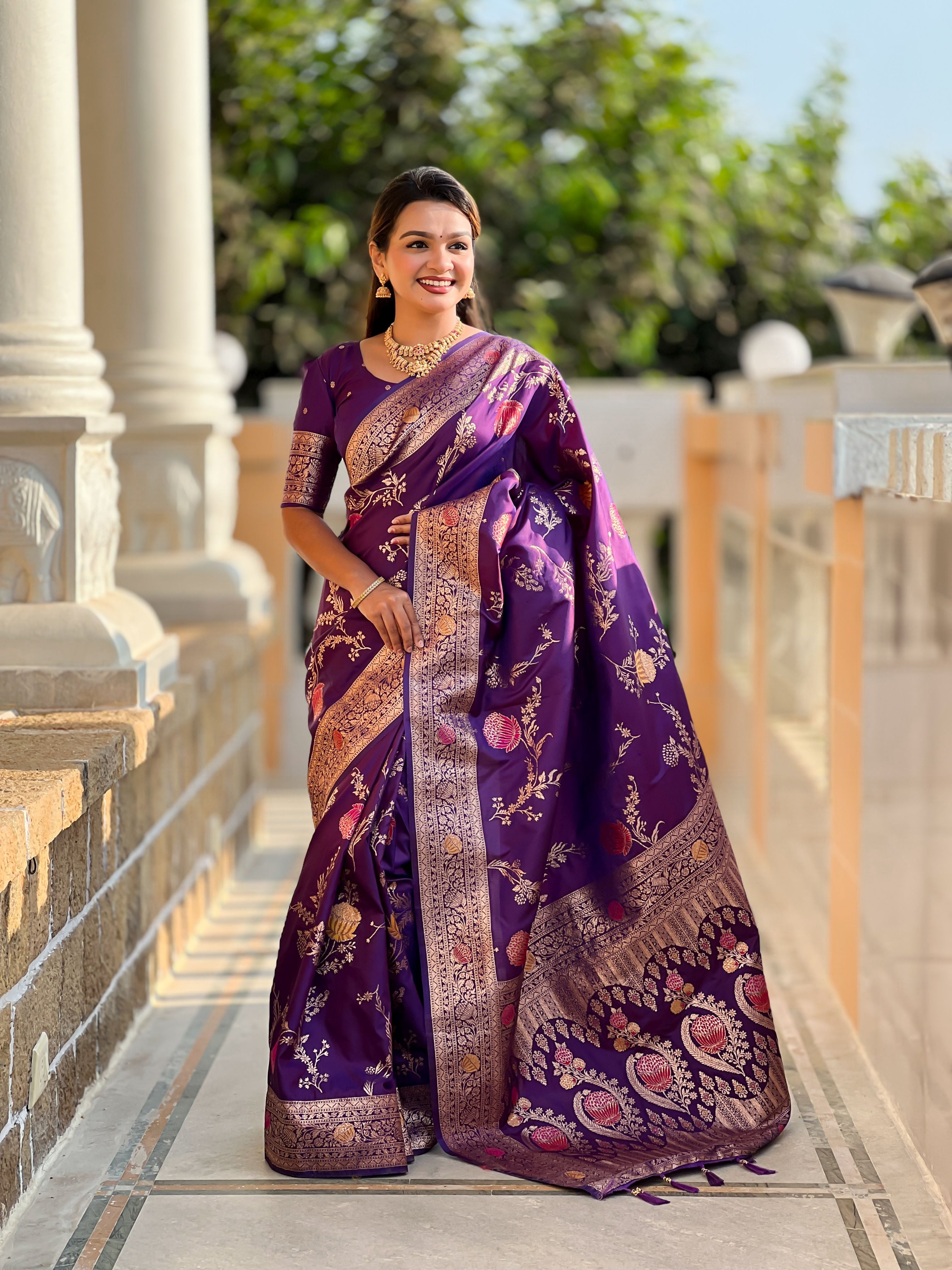 Violet Beautiful Banarasi Silk Woven Meenakari Designer Graceful Ethnic Saree