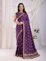Violet Beautiful Bandhej Printed With Embroidery Work Vichitra Silk Saree