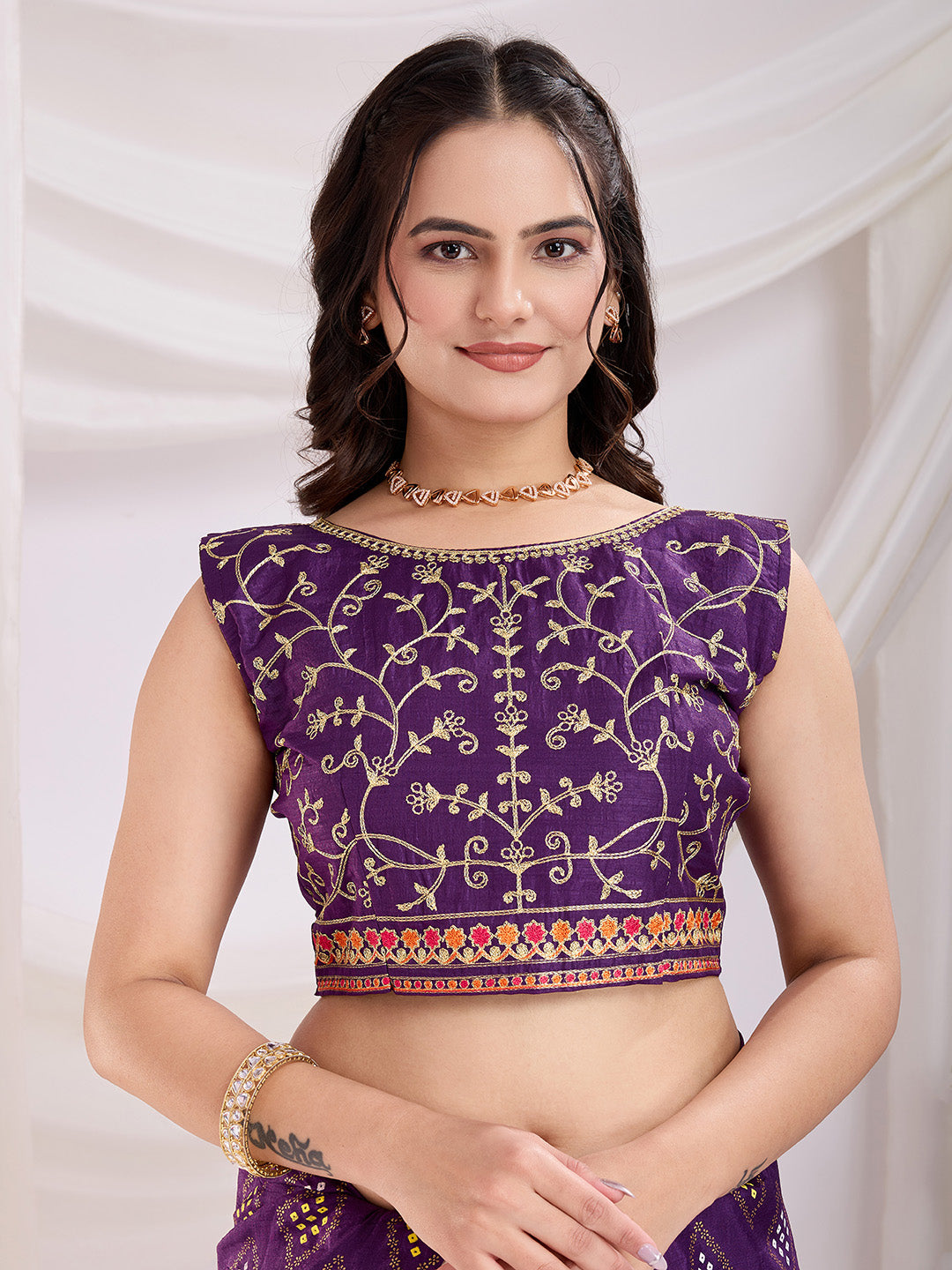 Violet Beautiful Bandhej Printed With Embroidery Work Vichitra Silk Saree
