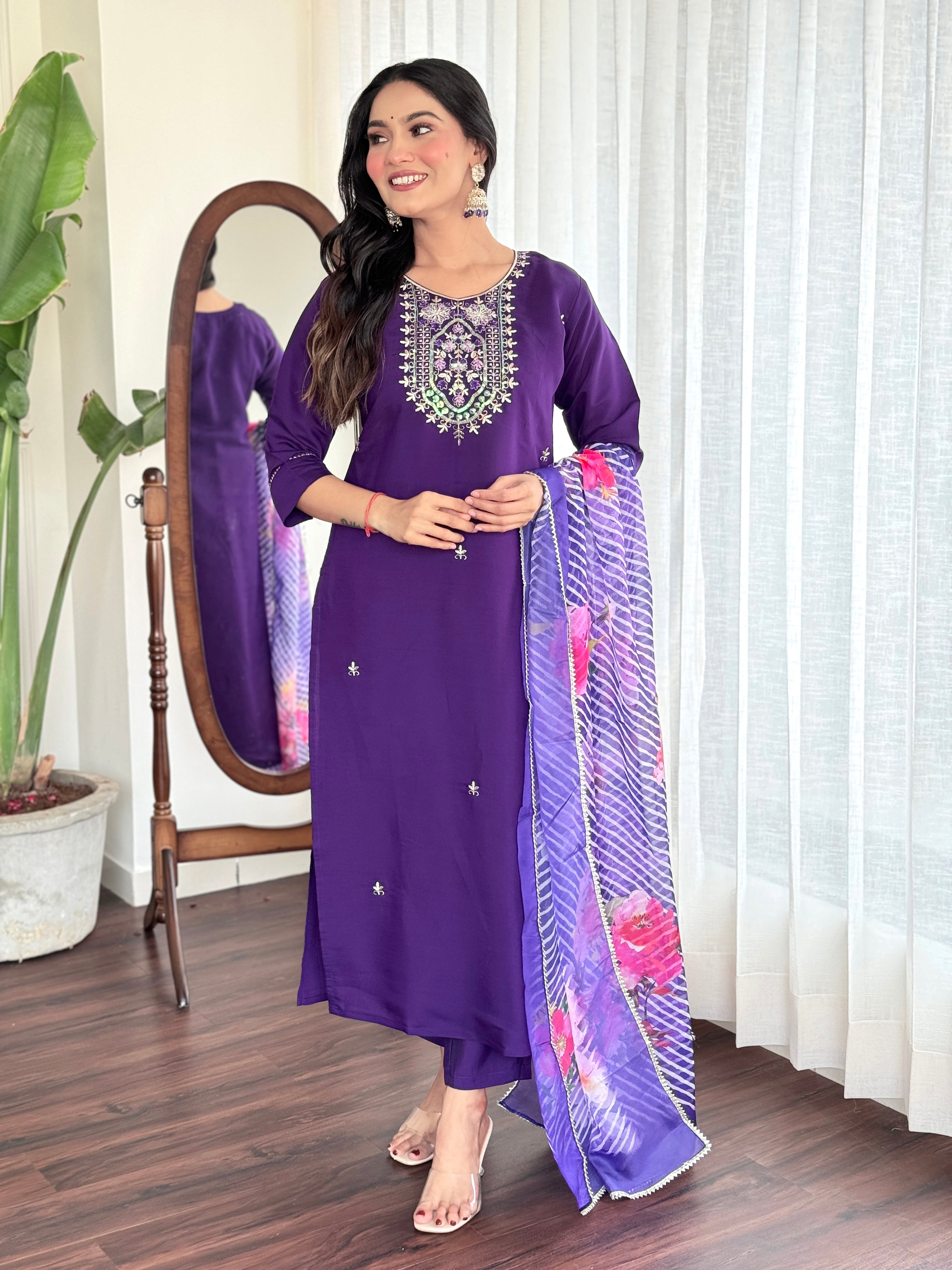 Violet Chanderi Viscose Kurta Pant Set with Thread Embroidery Work With Printed Dupatta