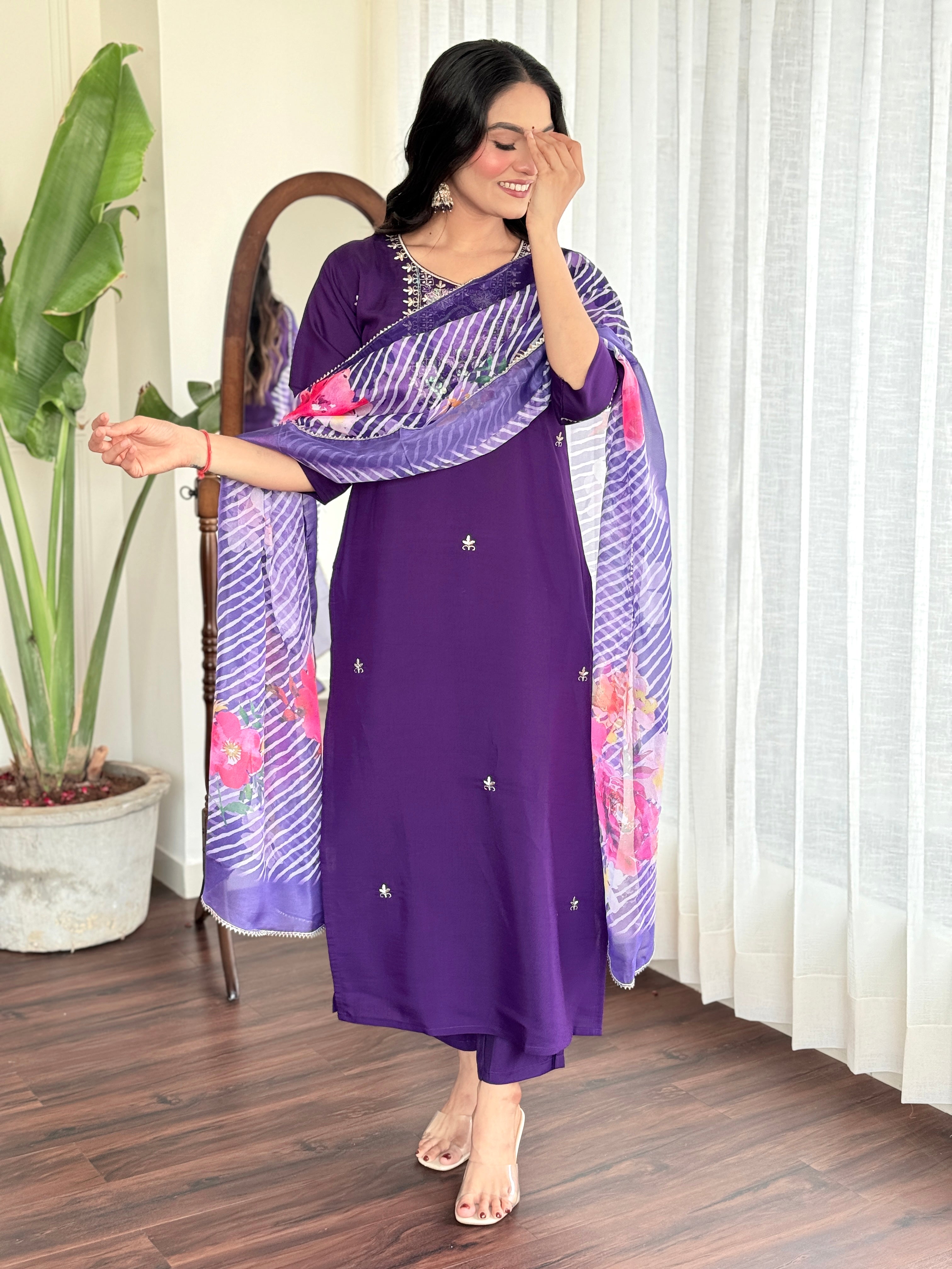 Violet Chanderi Viscose Kurta Pant Set with Thread Embroidery Work With Printed Dupatta