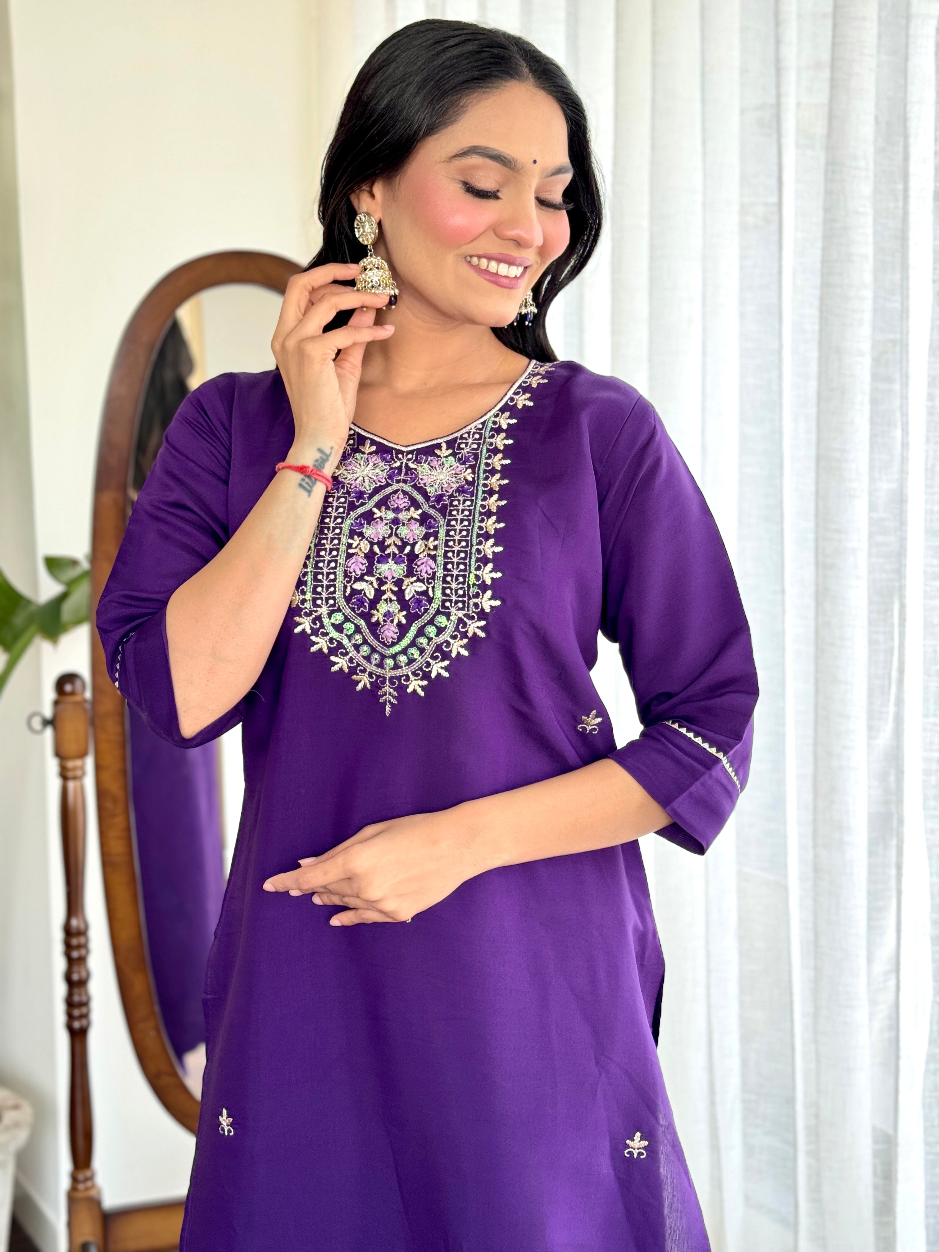 Violet Chanderi Viscose Kurta Pant Set with Thread Embroidery Work With Printed Dupatta