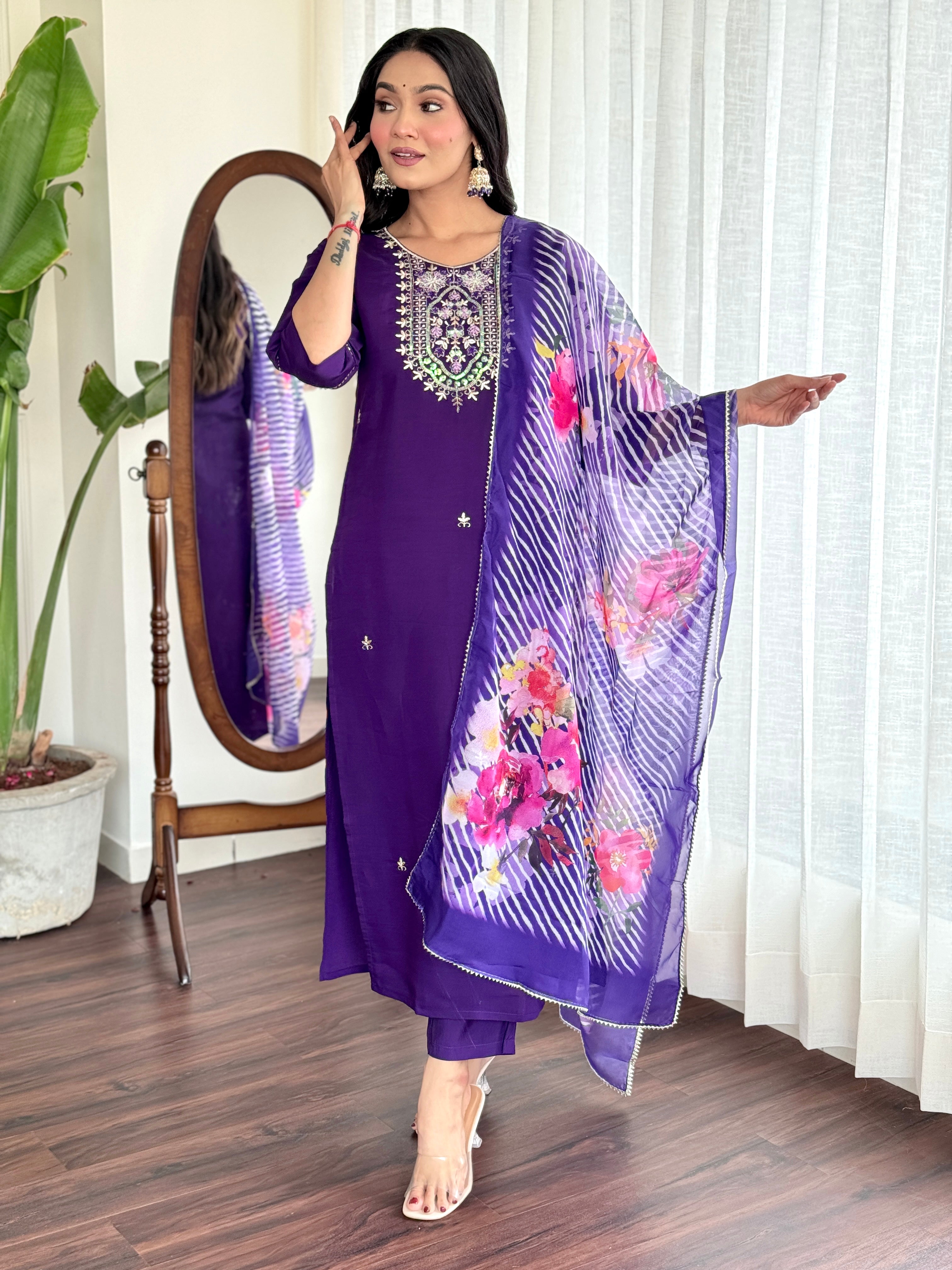 Violet Chanderi Viscose Kurta Pant Set with Thread Embroidery Work With Printed Dupatta