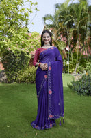 Violet Chiffon Beautiful Heavy Traditonal Rich Festive Saree