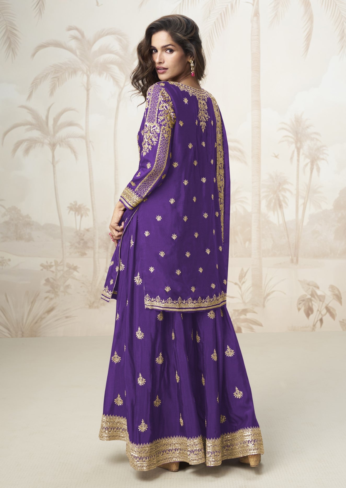 Violet Chinon Silk Salwar Suit With Zari Sequin Embroidery