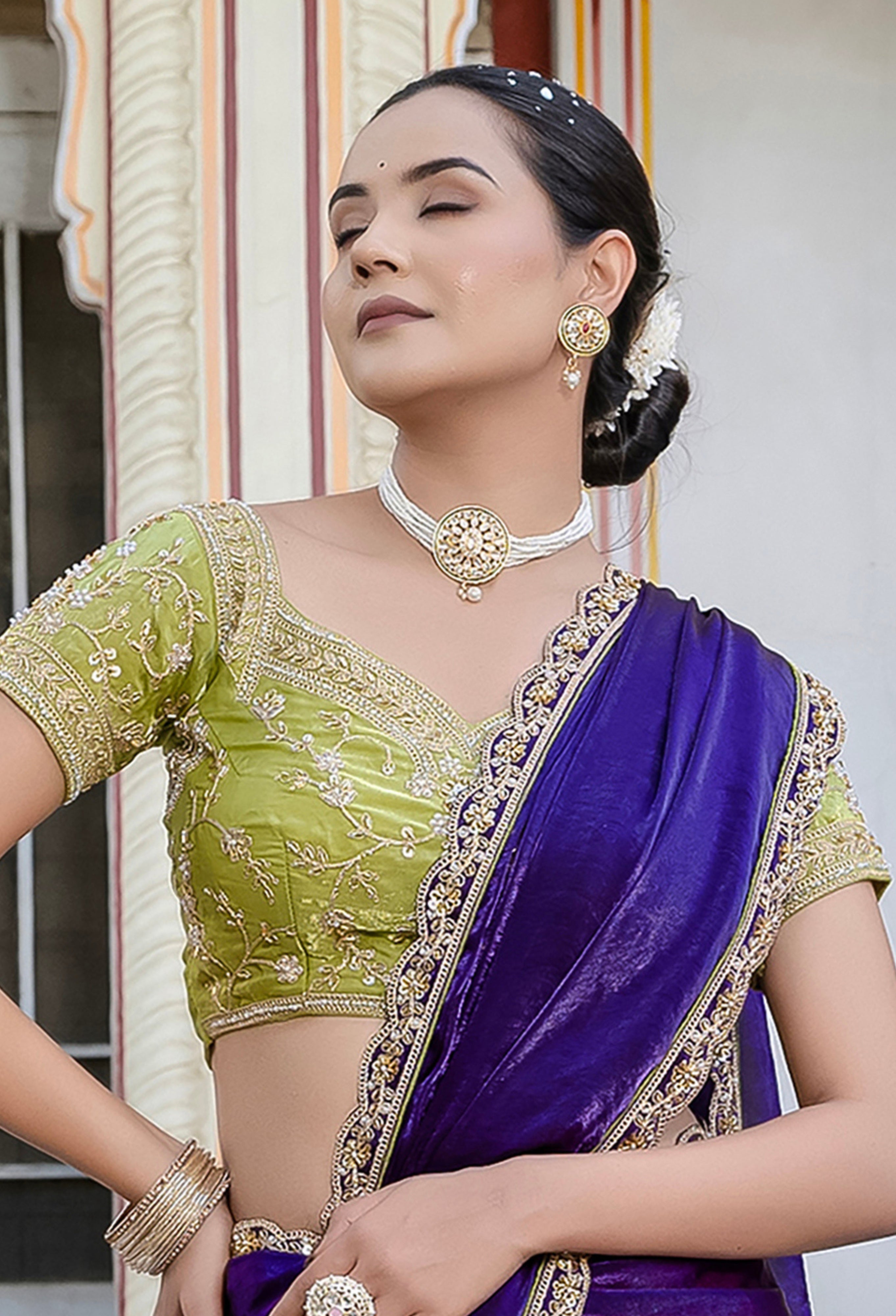 Violet Color  Satin with Velvet Lustre Saree With  Handwork Lace