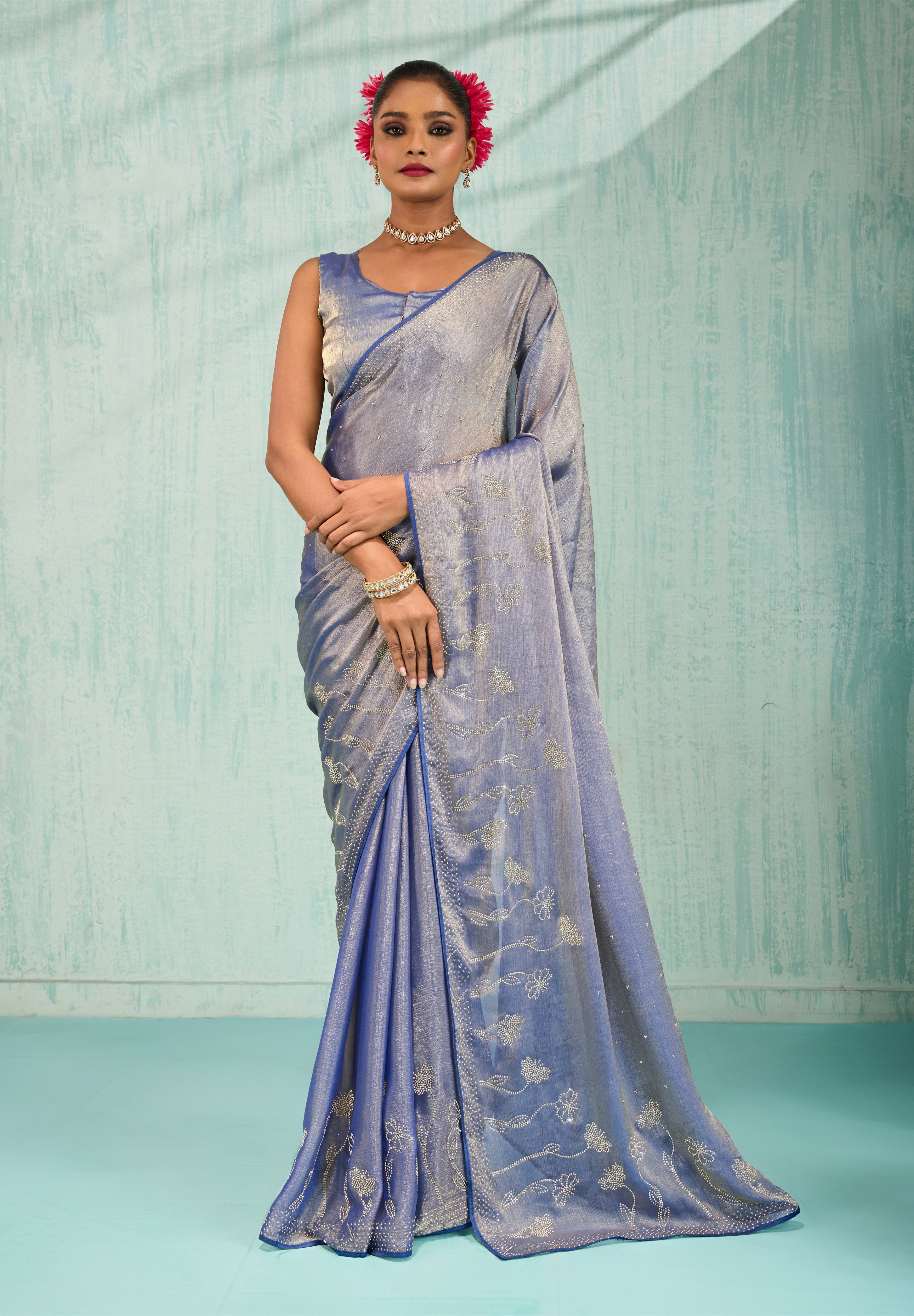 Violet Dual Tone Velvet Chiffon Saree With Zarkan & Cutdana Elaborate Work