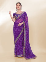 Violet Georgette Bandhej Printed Saree With Graceful Embroidery Work