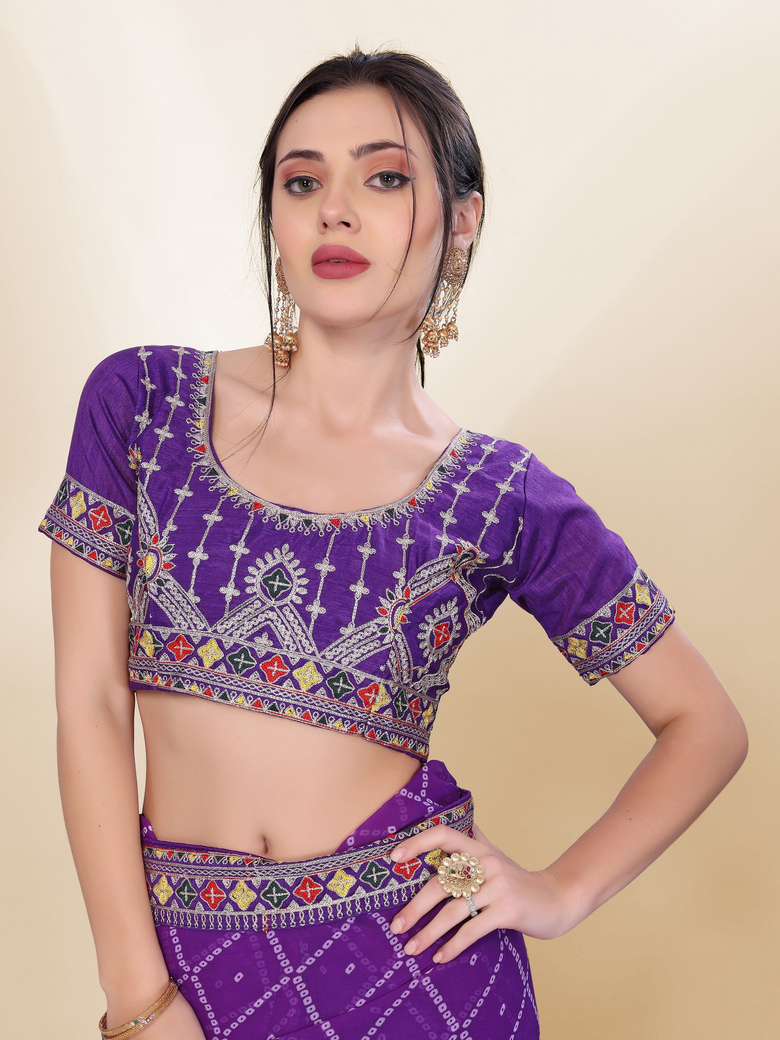Violet Georgette Bandhej Printed Saree With Graceful Embroidery Work