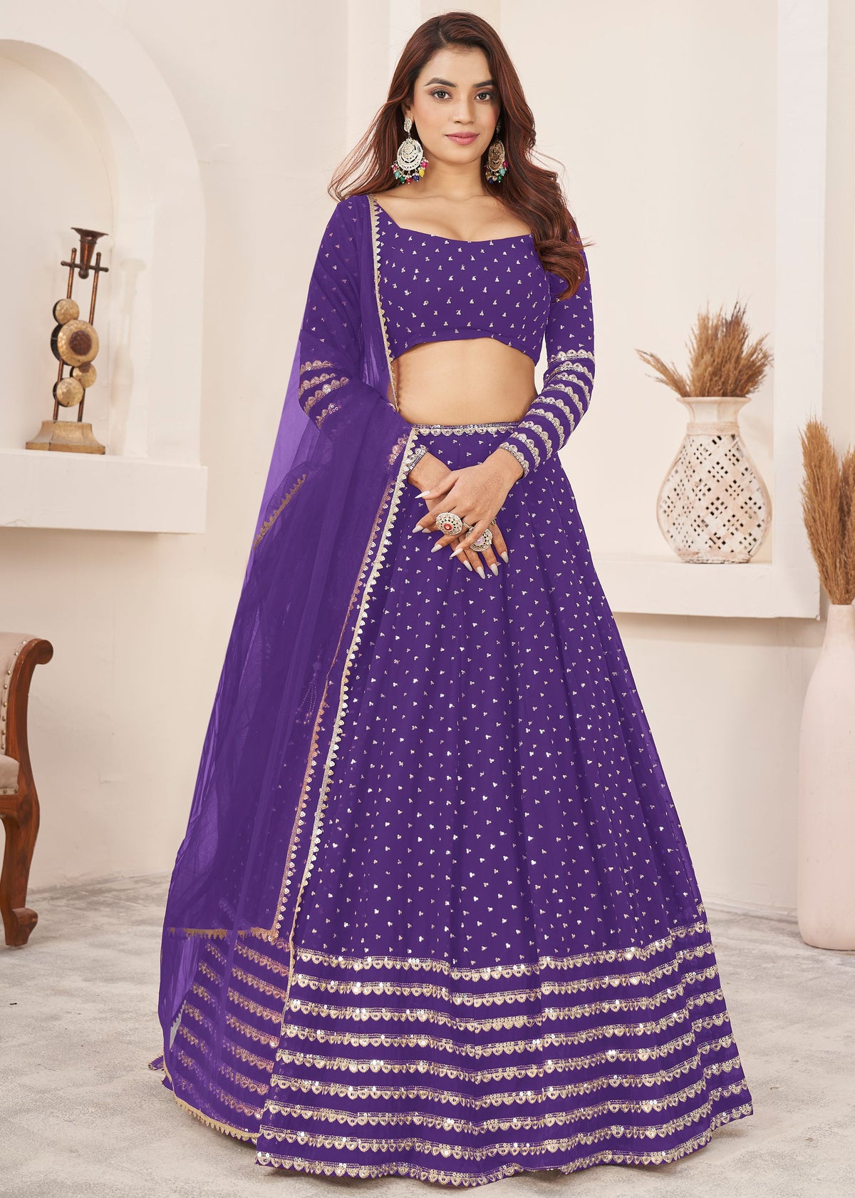 Violet Georgette Lehenga Choli With Sequins Zari Embroidered Work