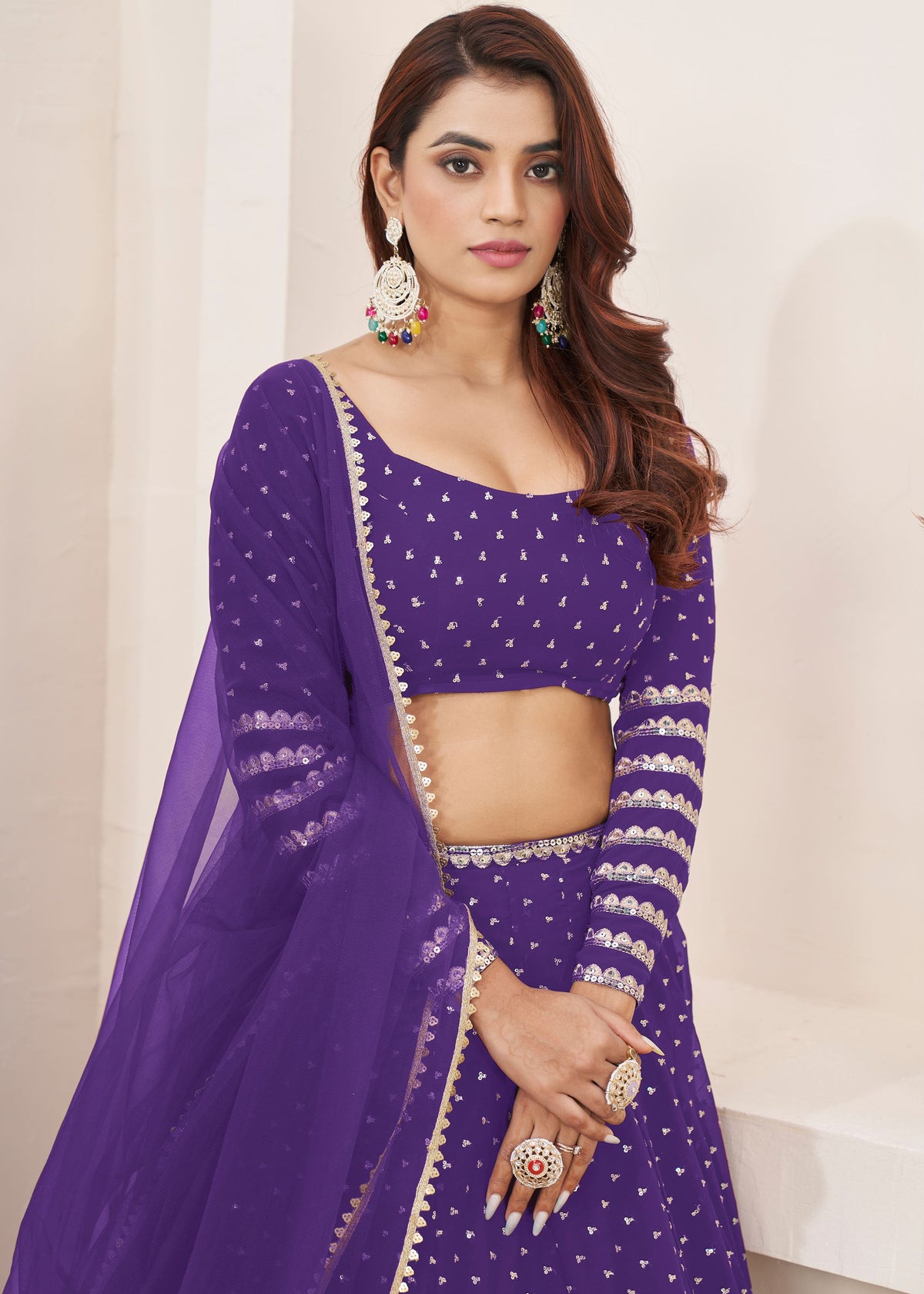 Violet Georgette Lehenga Choli With Sequins Zari Embroidered Work