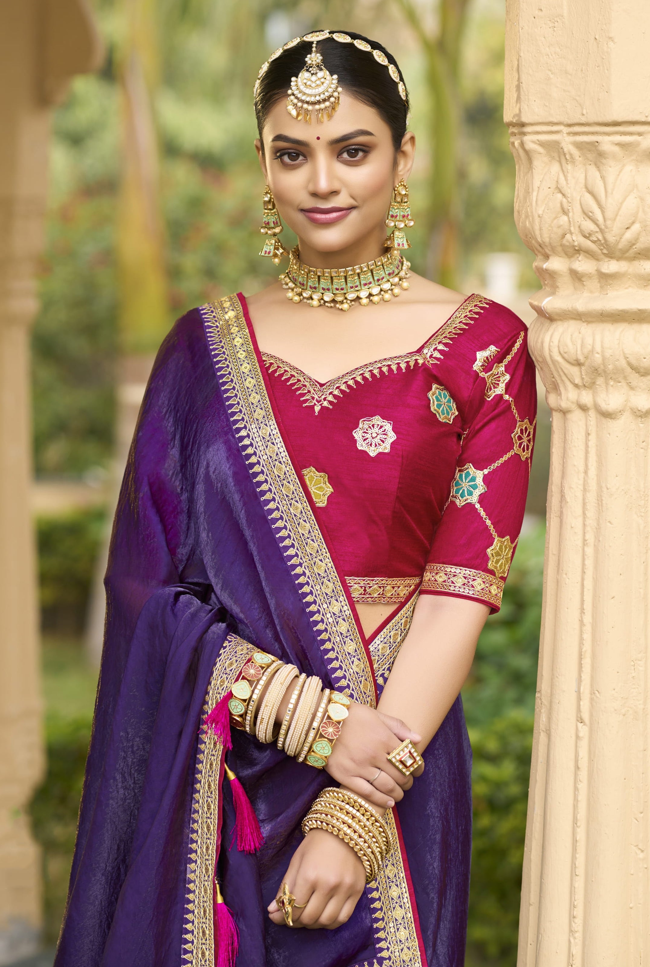 Violet Georgette Plain Saree With Embroidered Lace Border