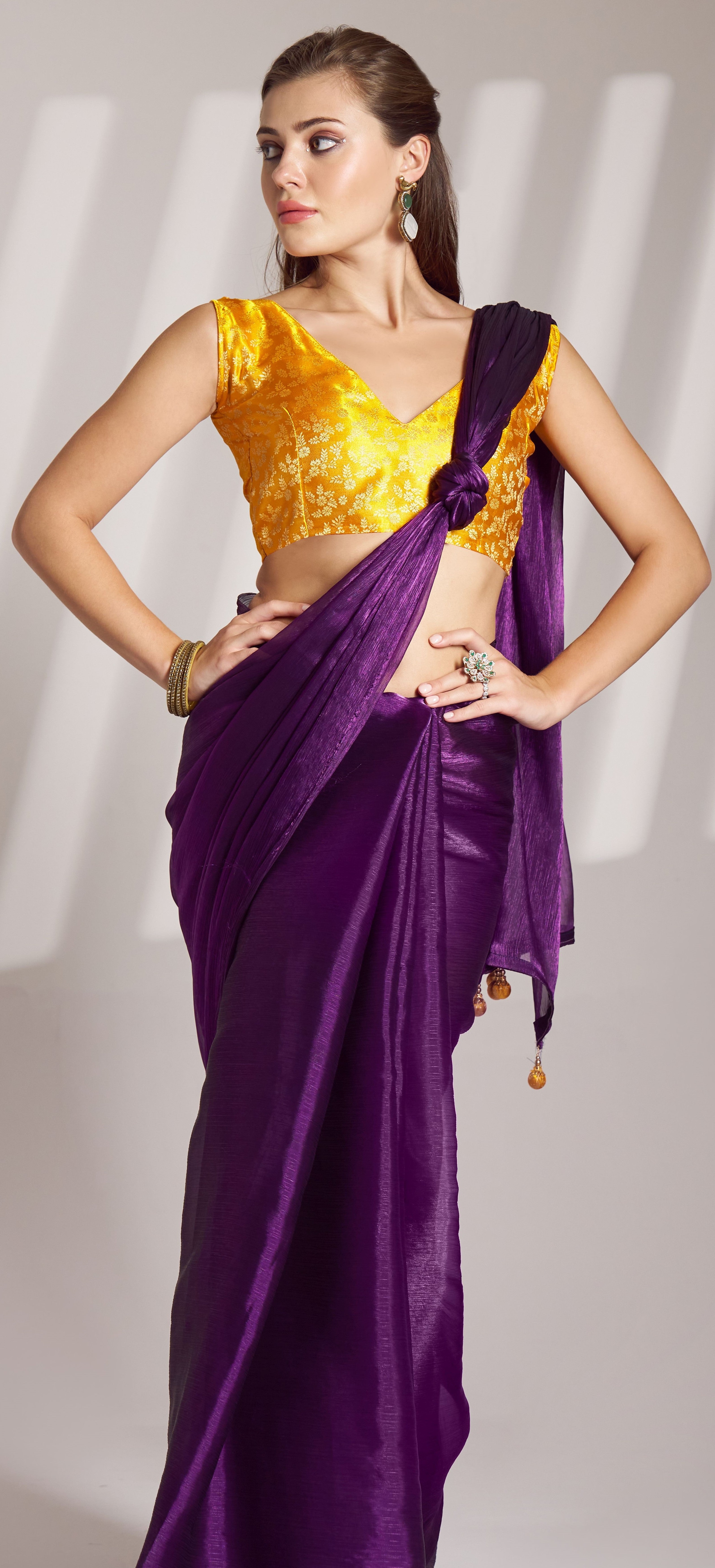 Violet Glamorous Burberry Organza Solid Designer Partywear Saree