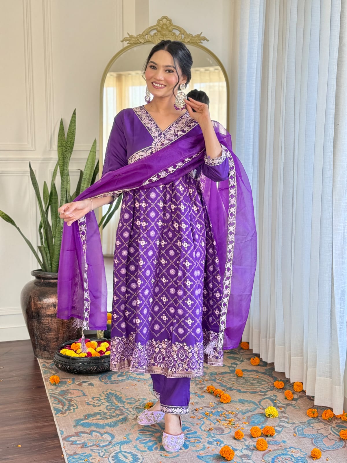 Violet Kurta Pant Set with Heavy Thread Embroidery Work With Foil Print