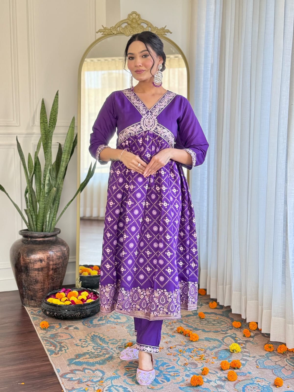 Violet Kurta Pant Set with Heavy Thread Embroidery Work With Foil Print