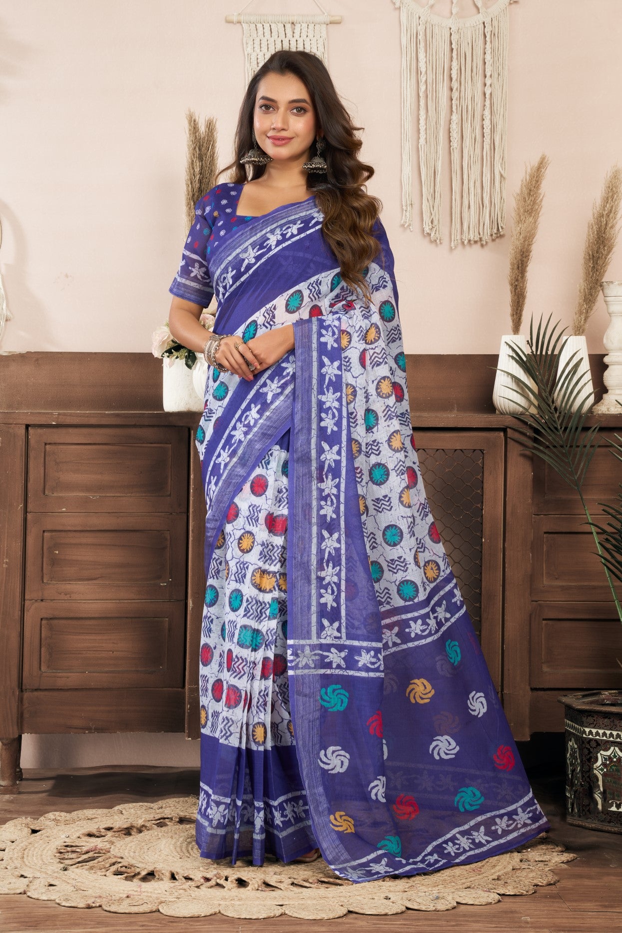Violet Linen Ready To Wear Saree With Zari Border Printed