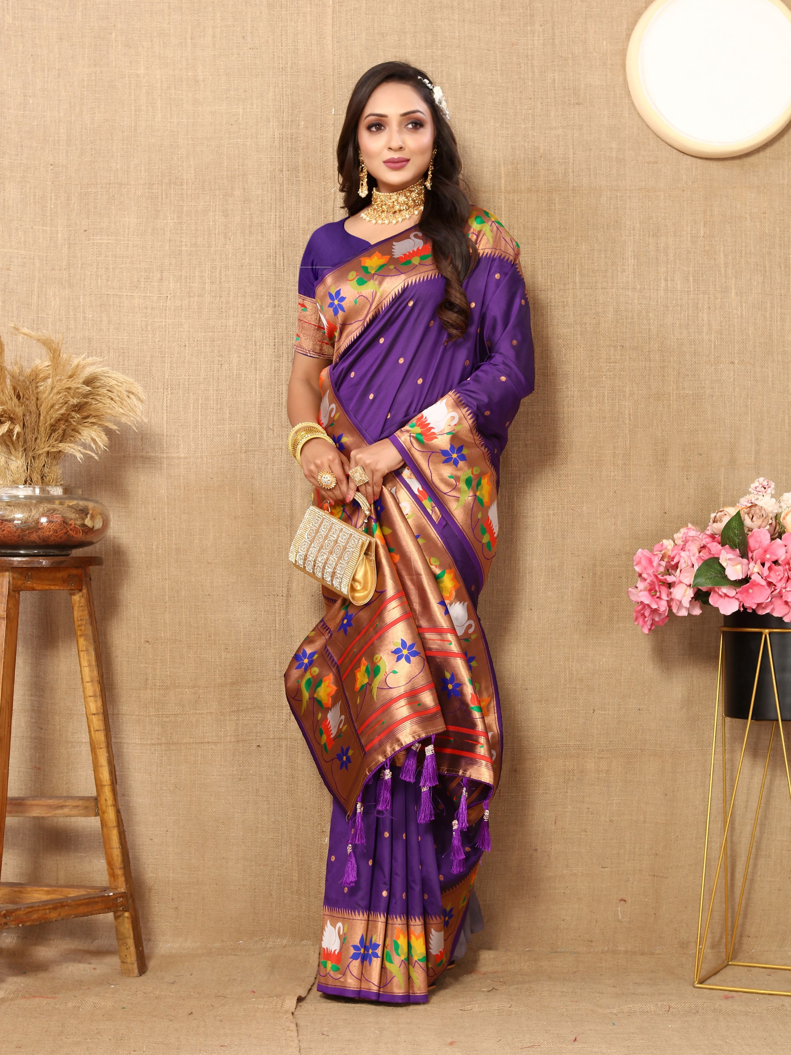 Violet Paithani Silk Woven Meenakari Paithani Designer Ethnic Heavy Looks Saree