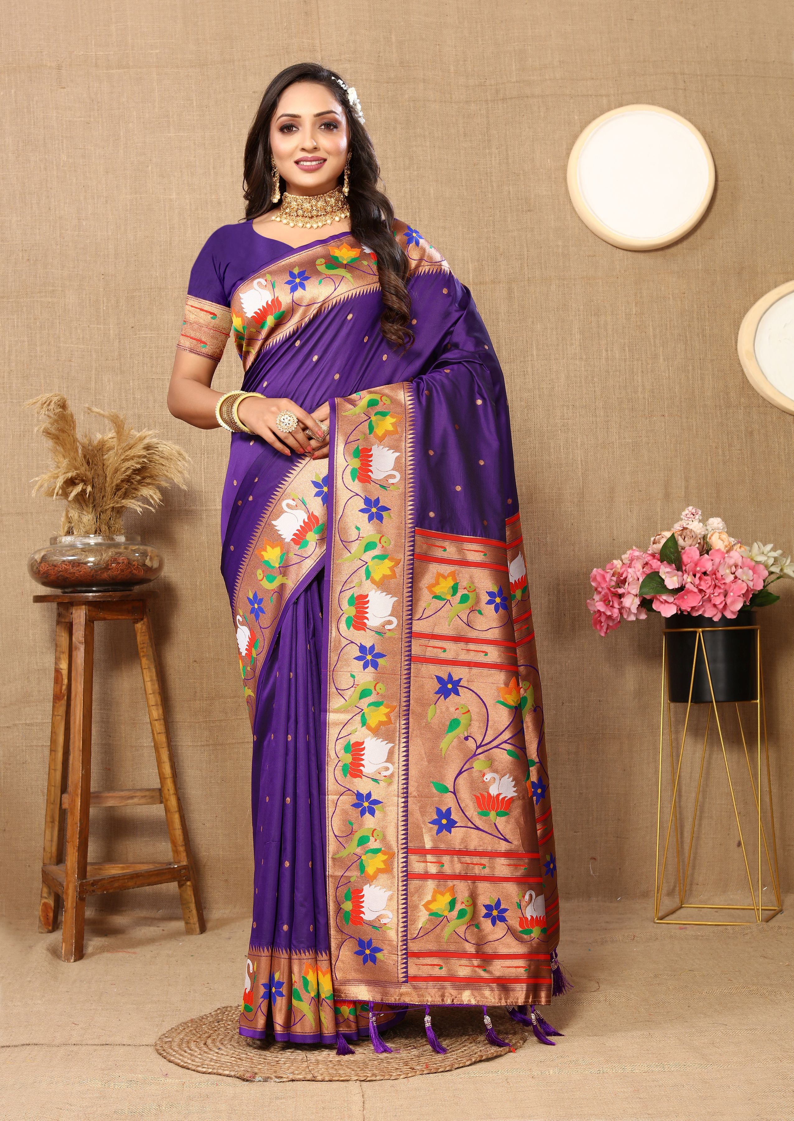 Violet Paithani Silk Woven Meenakari Paithani Designer Ethnic Heavy Looks Saree