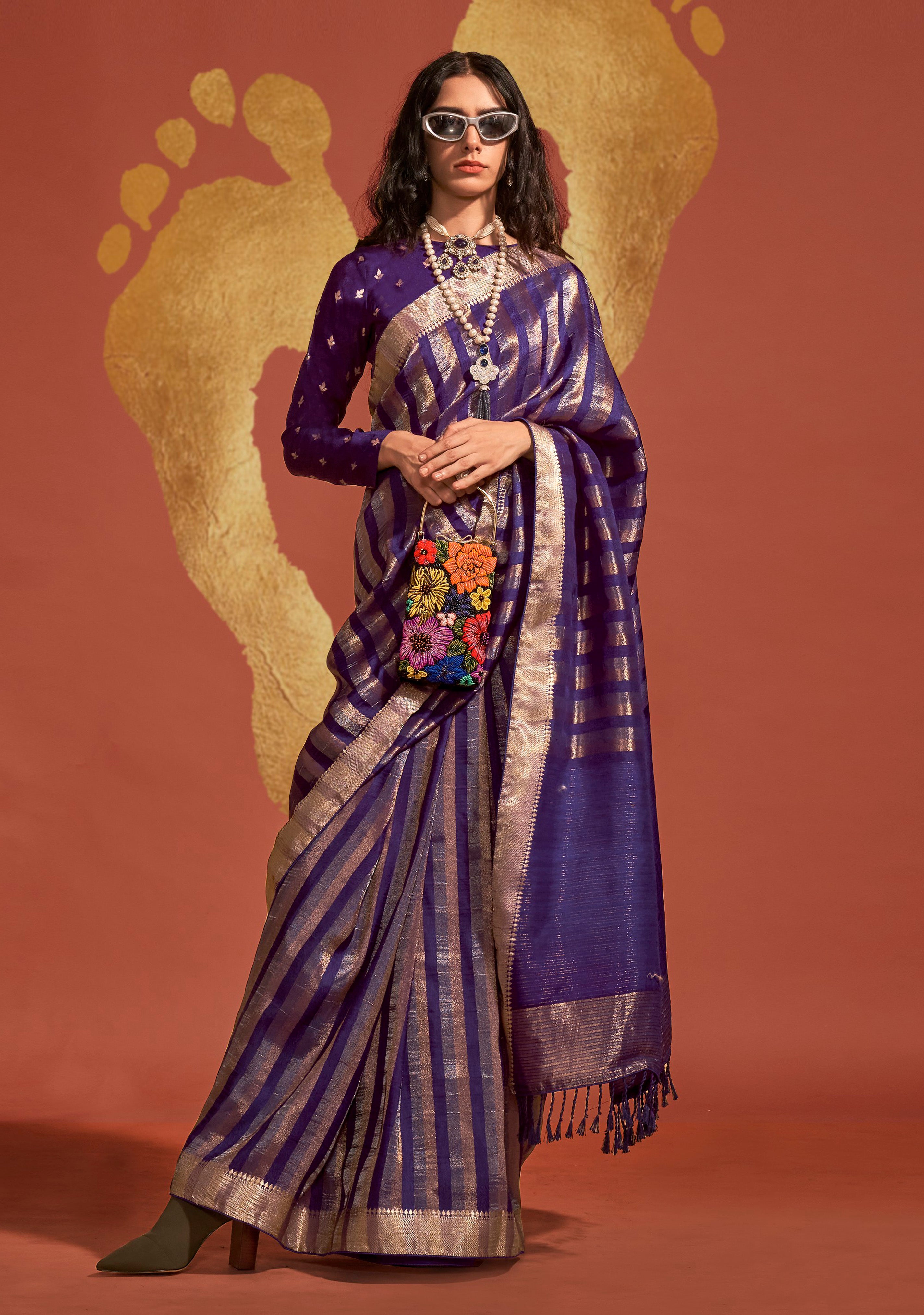 Violet Pure Viscose Handloom Silk Saree With  Jacquard Woven Work