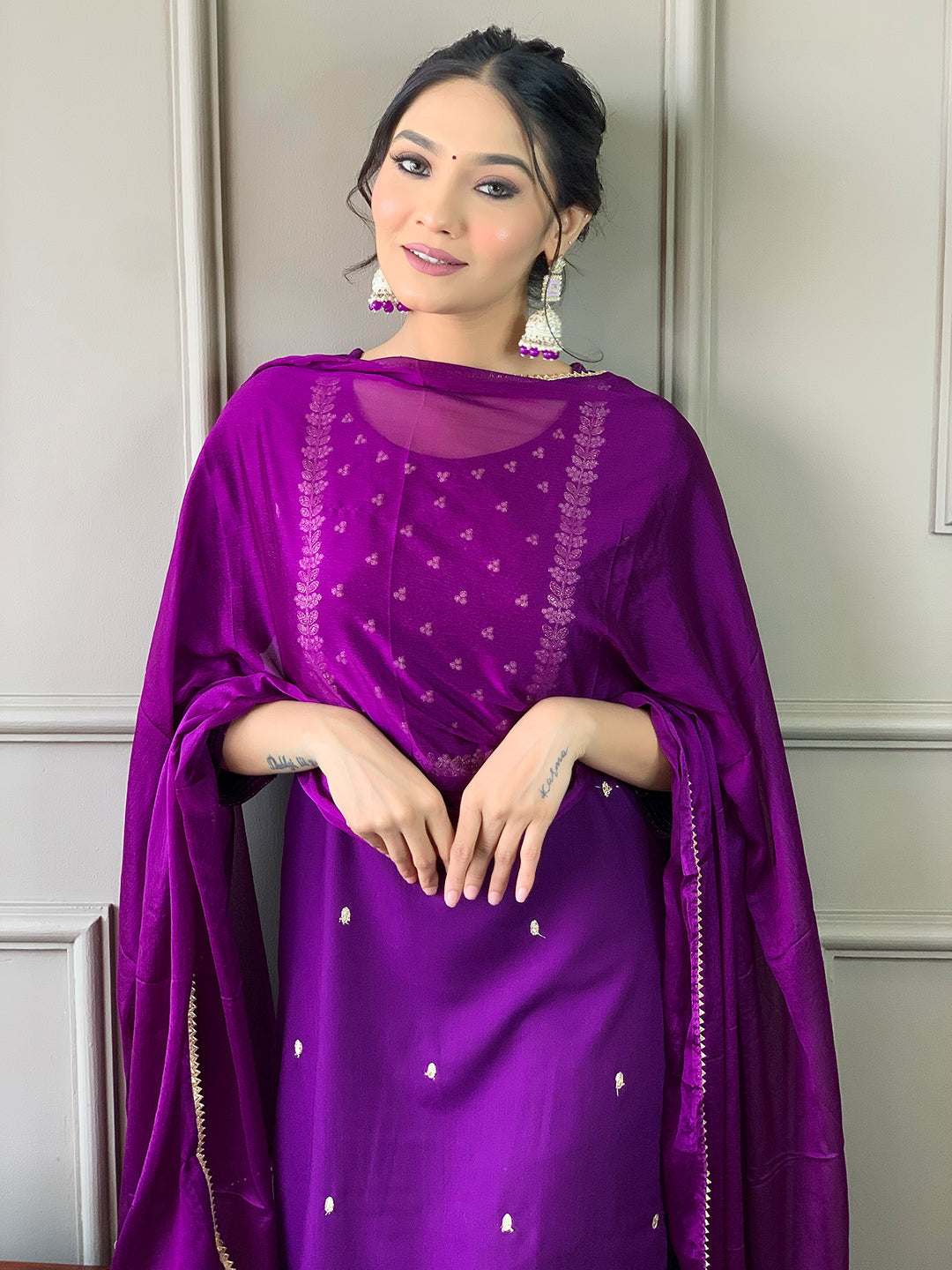 Violet Rayon Slub Elegant Kurta Pant Set With Embroidery Work