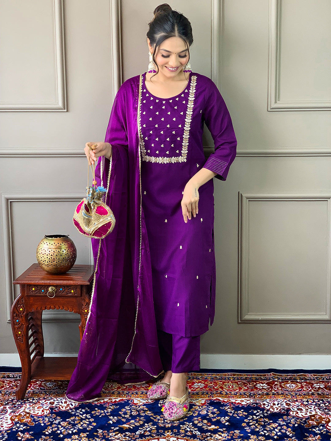 Violet Rayon Slub Elegant Kurta Pant Set With Embroidery Work