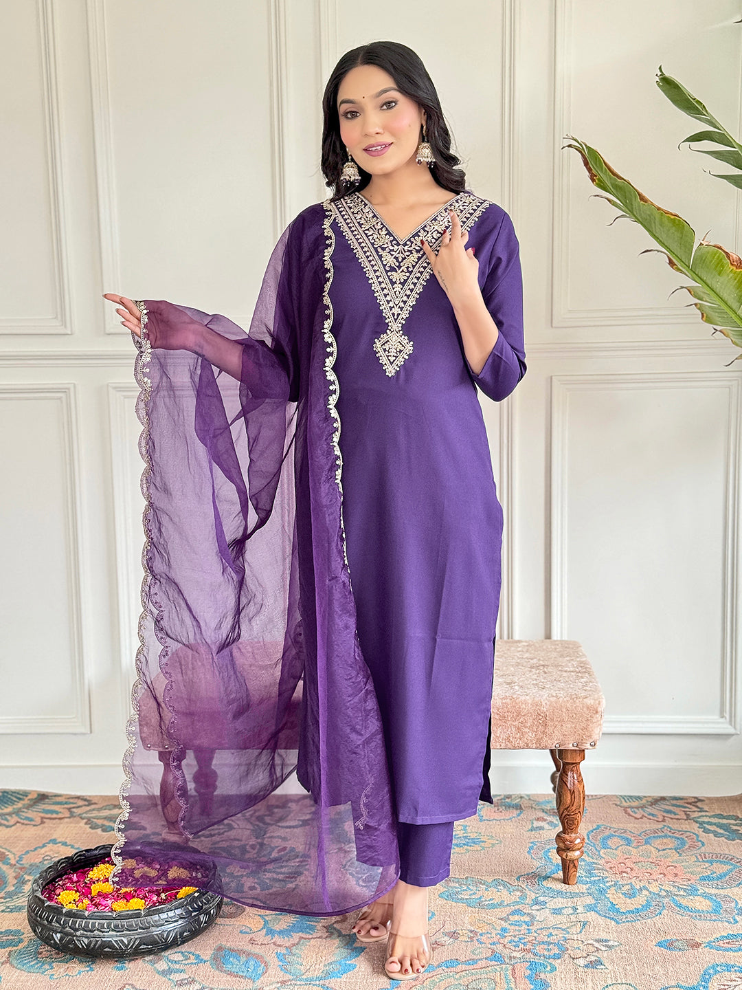 Violet Rayon Slub Elegant Kurta Pant Set With Embroidery Work