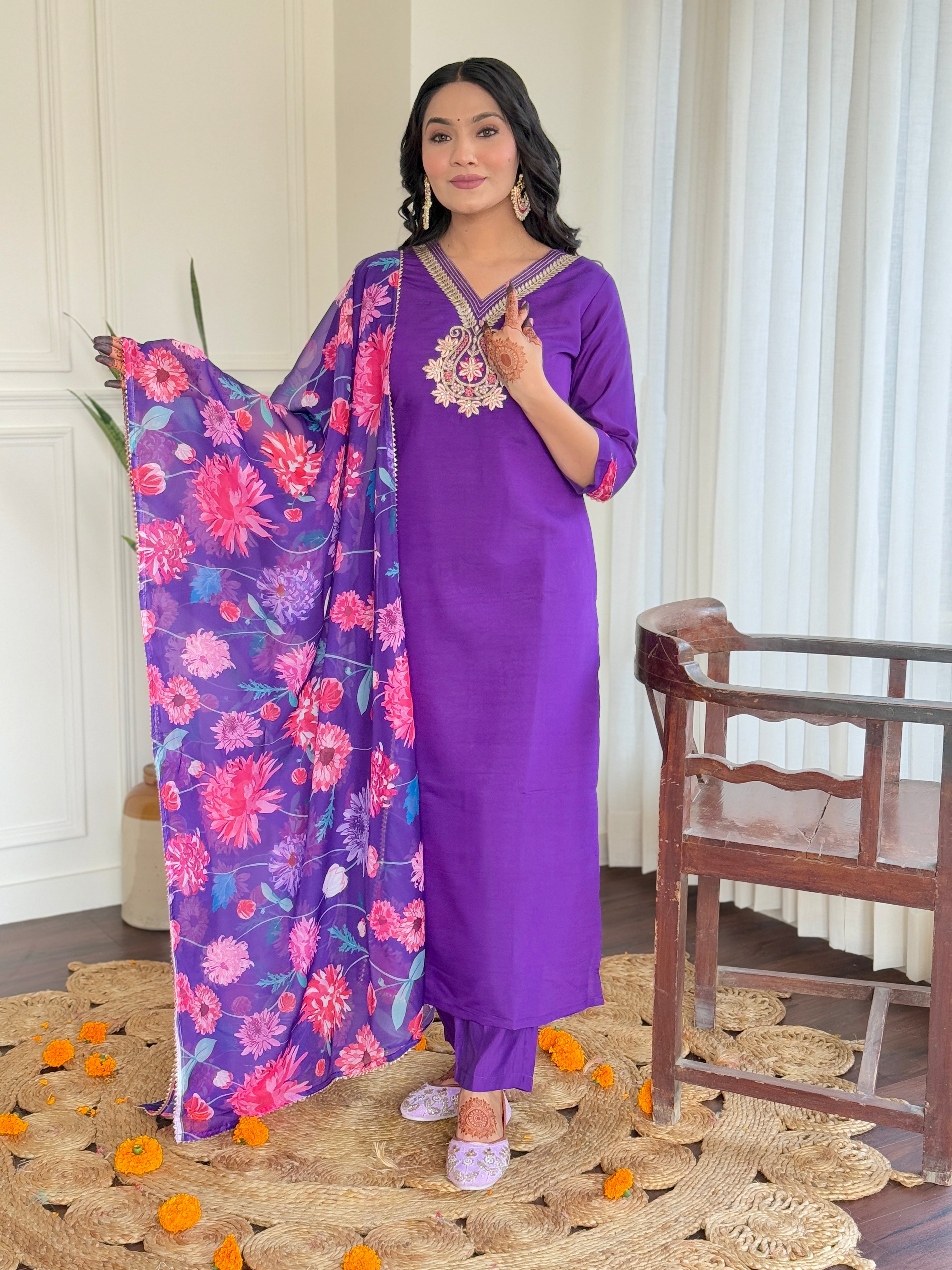 Violet Roman Silk Kurta Pant with Heavy Thread Embroidery Work With Printed Dupatta