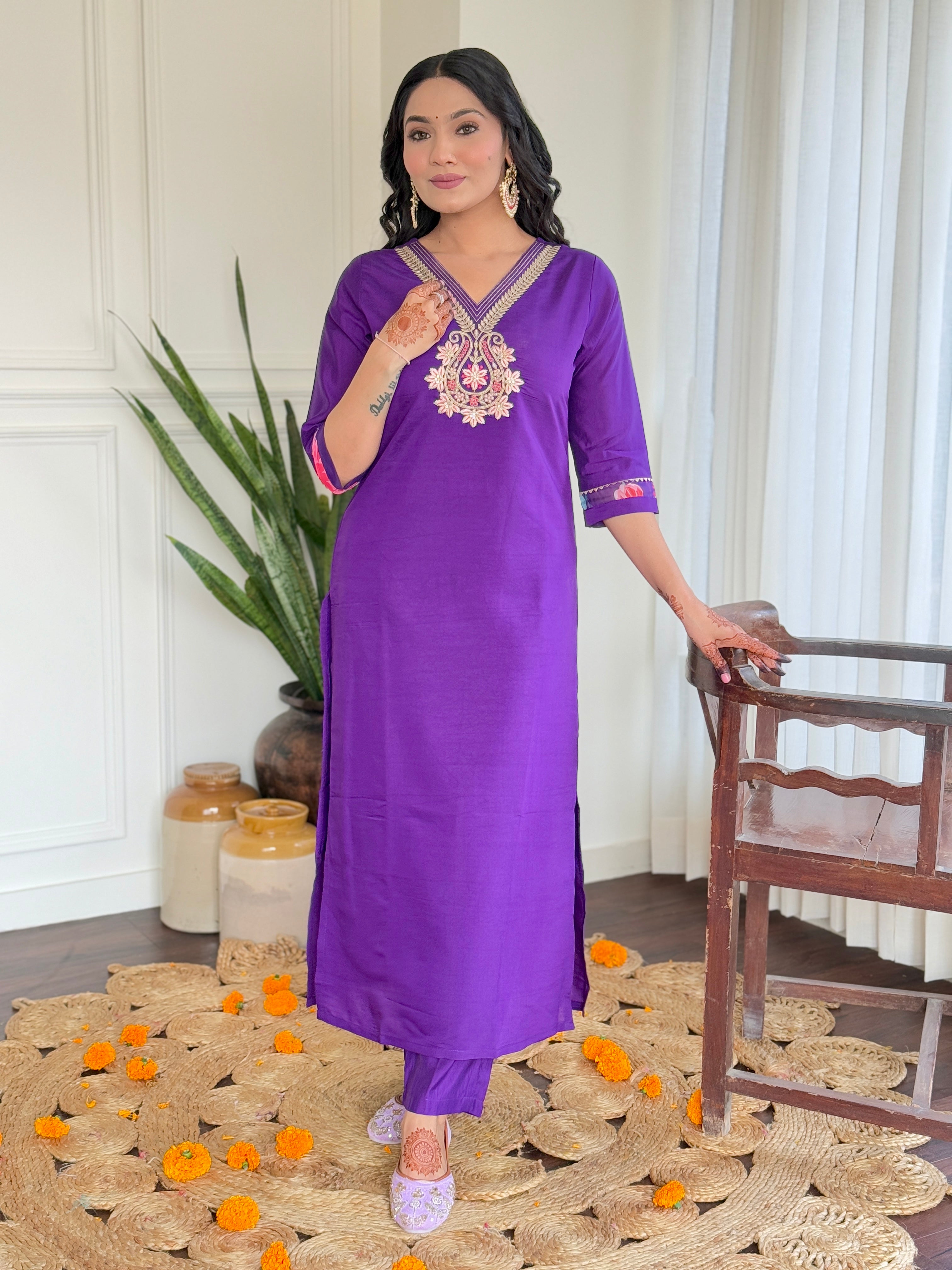 Violet Roman Silk Kurta Pant with Heavy Thread Embroidery Work With Printed Dupatta