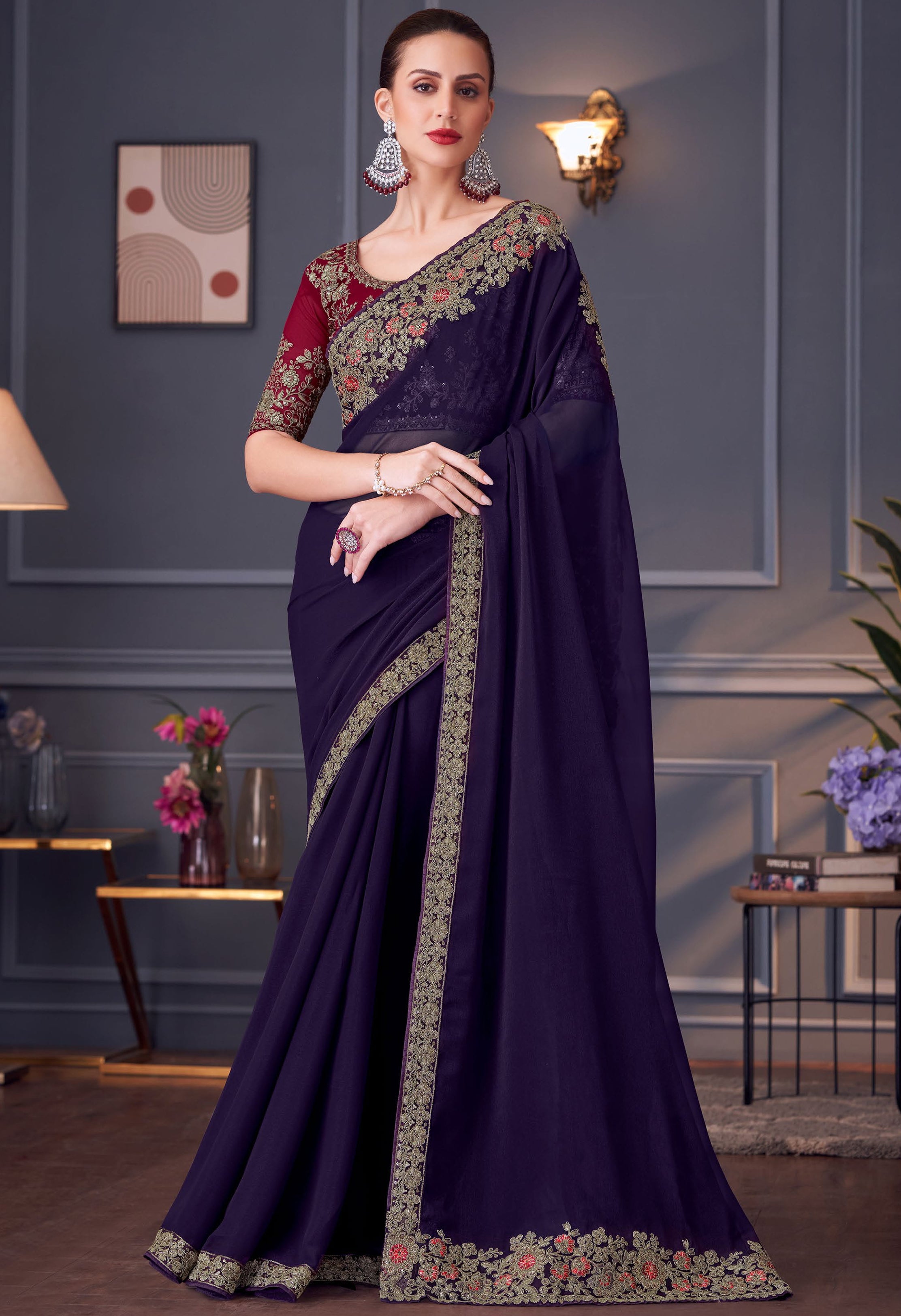 Violet Saree With  Heavy Thread Embroidery Sequins Work