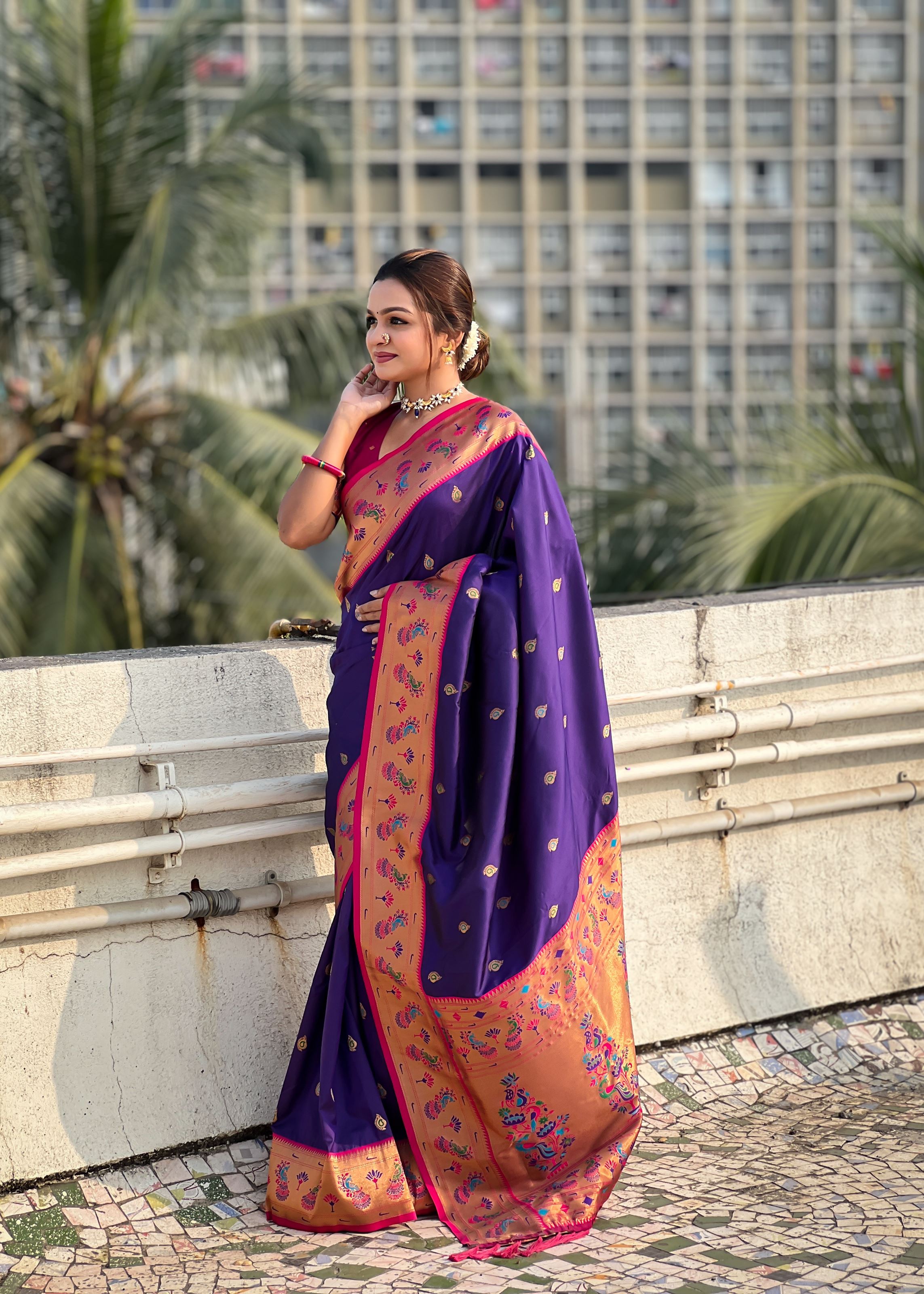 Violet Silk Blend Paithani Saree