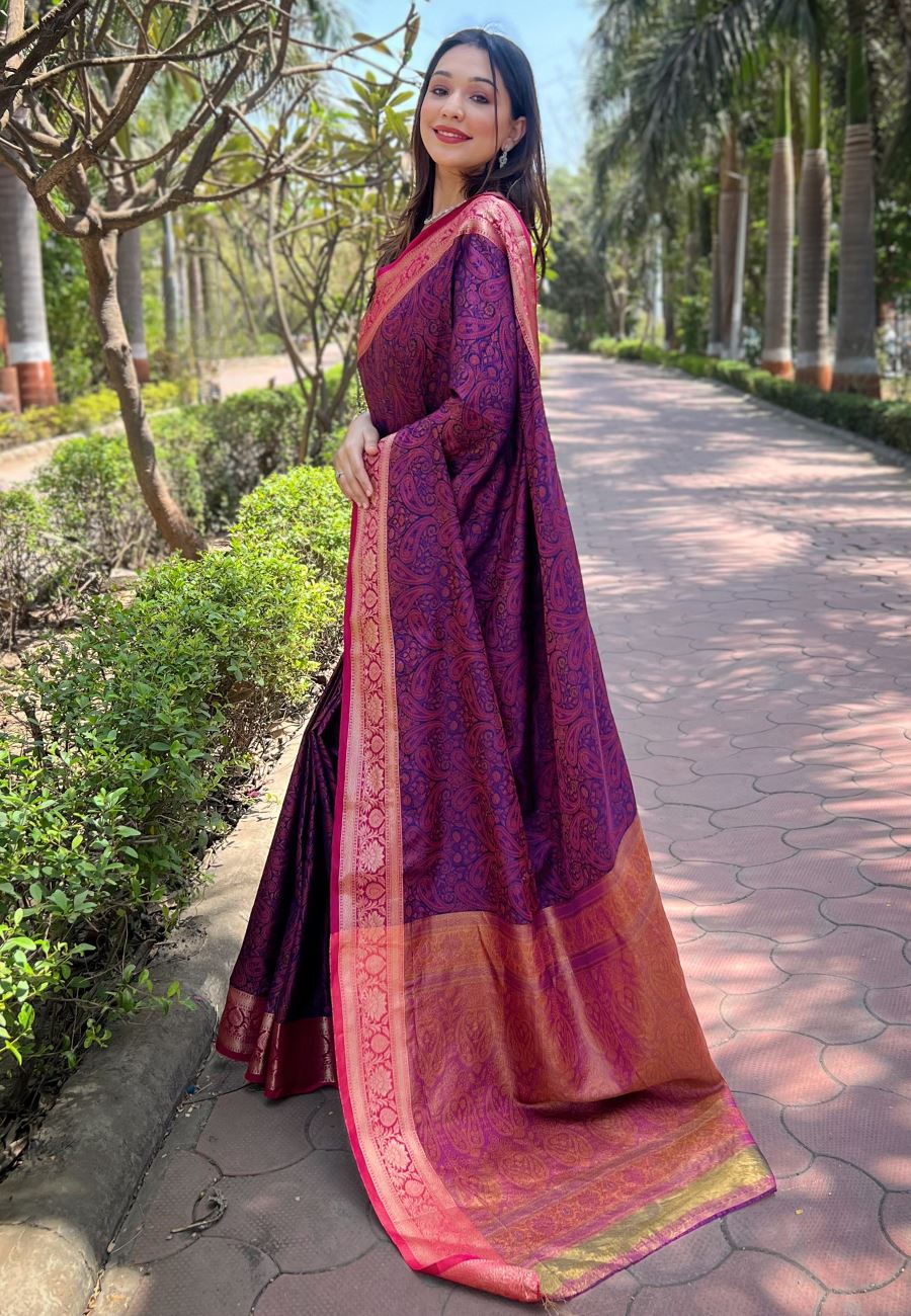 Violet Silk Blend Saree With Zari and Woven Work