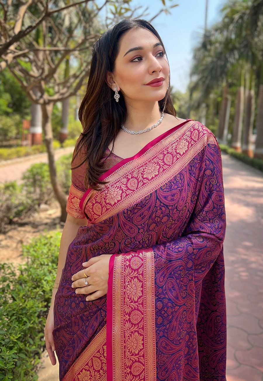 Violet Silk Blend Saree With Zari and Woven Work