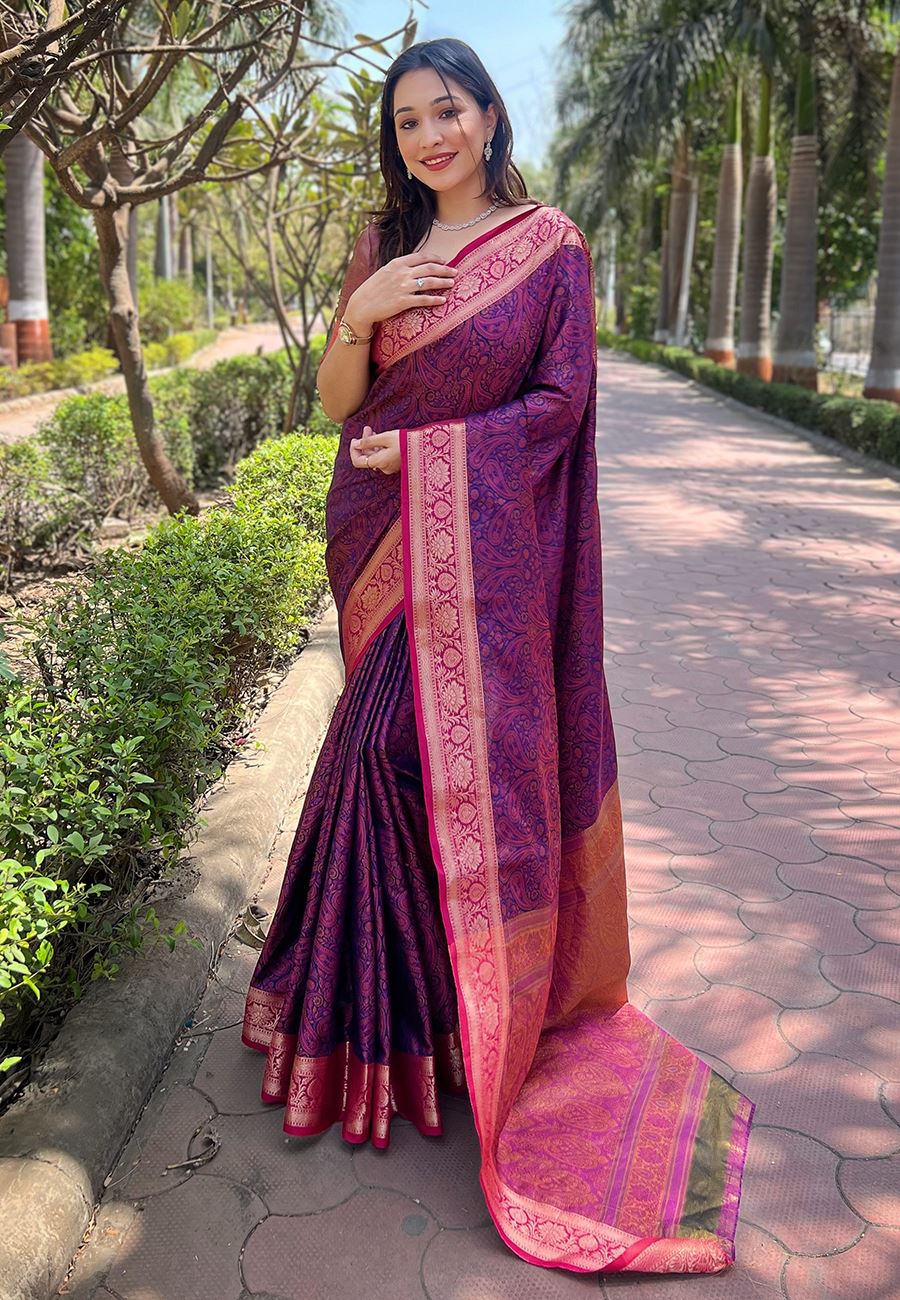 Violet Silk Blend Saree With Zari and Woven Work