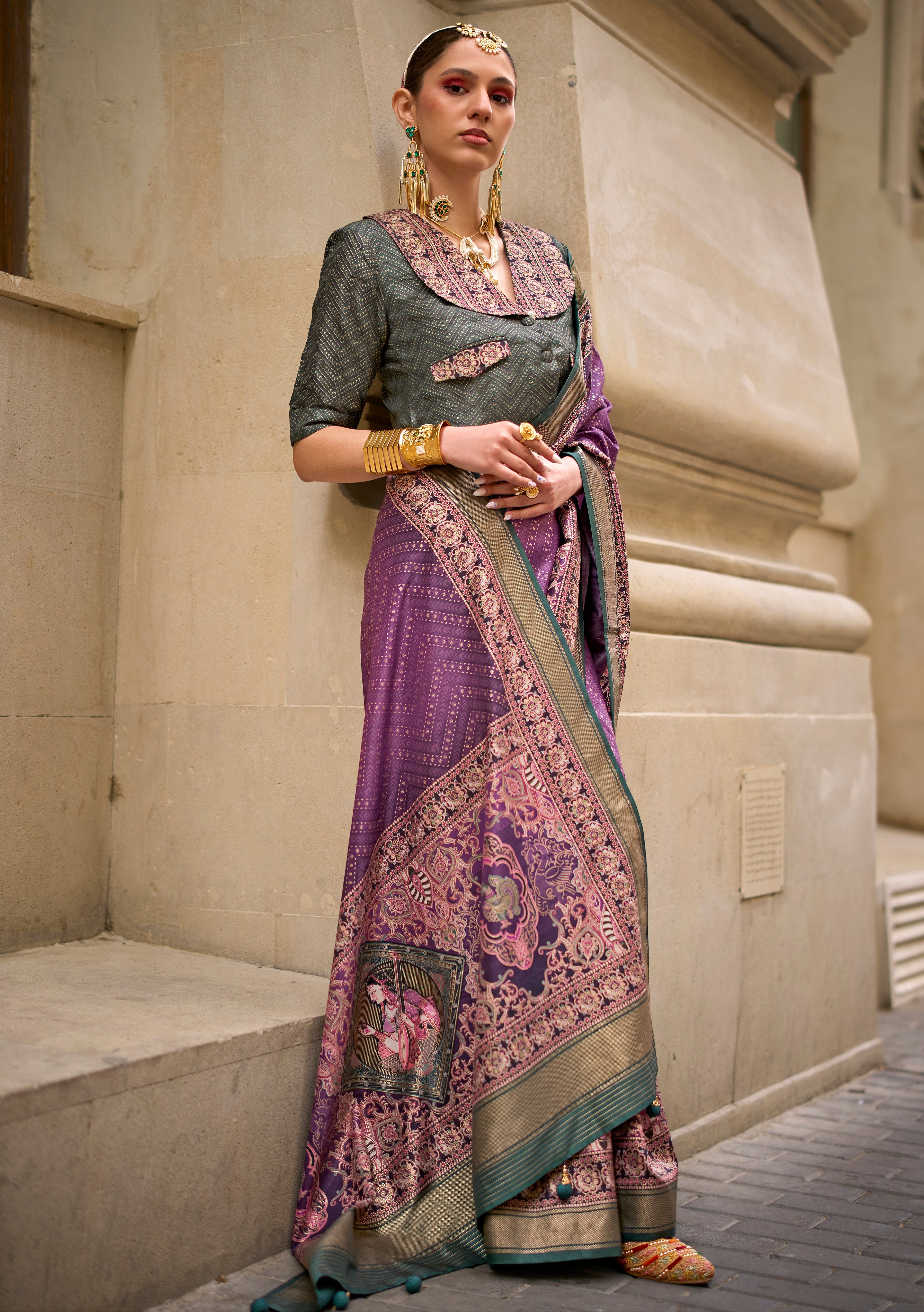 Violet Silk Saree With  Foil Print