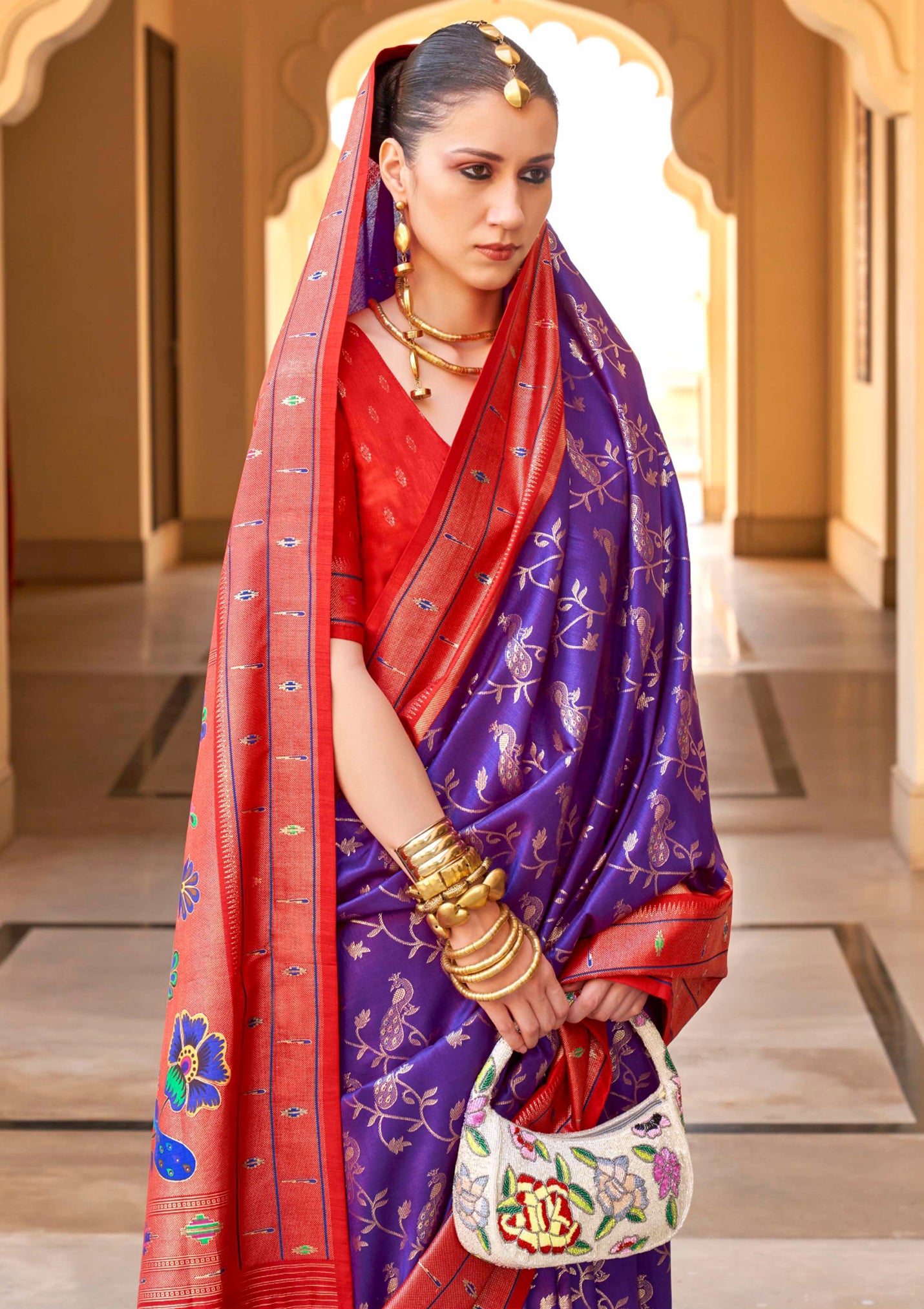 Violet Silk Saree With  Jacquard Woven Work