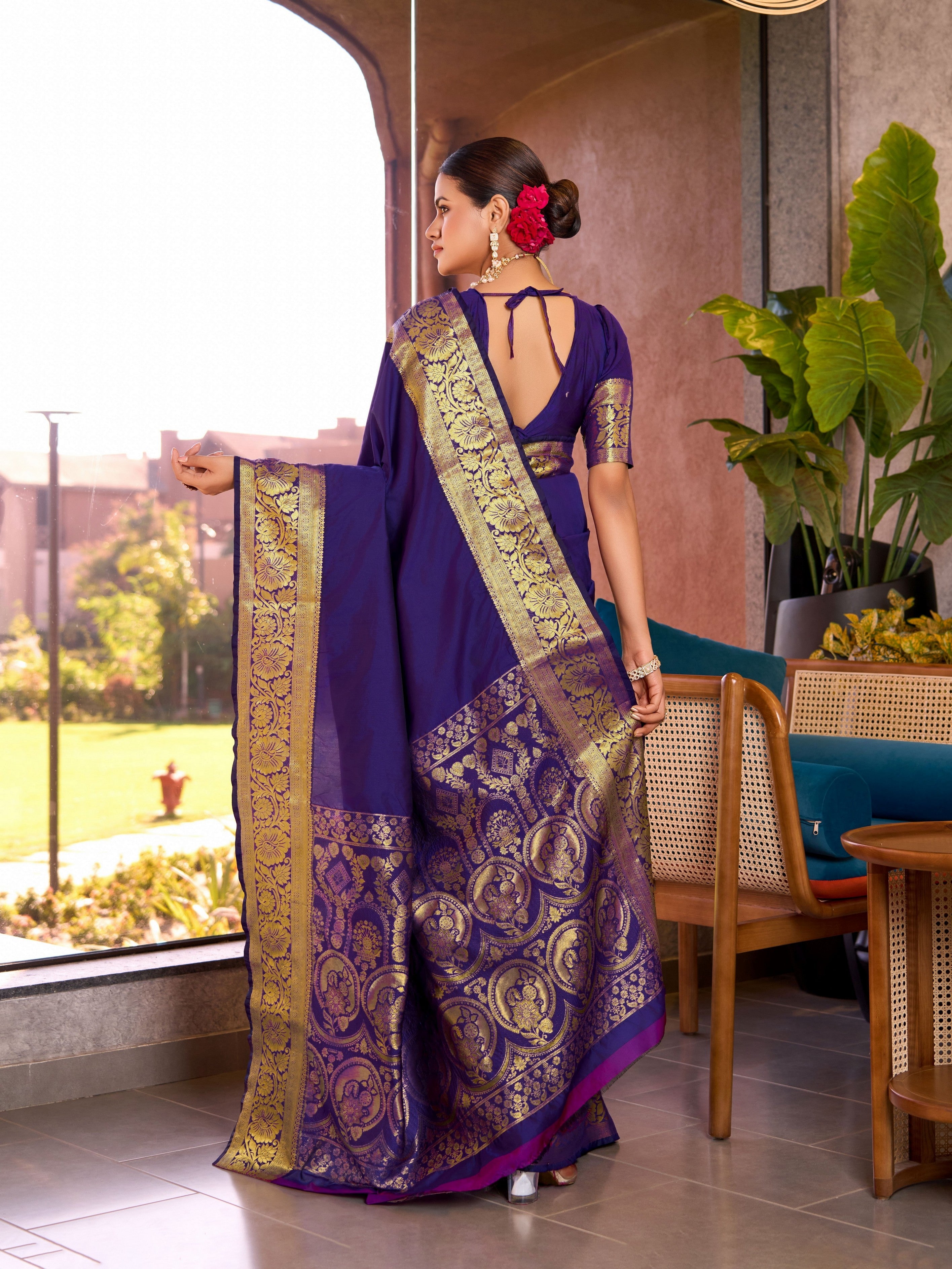 Violet Soft Silk Woven Jari Designer Heavy Partywear Saree