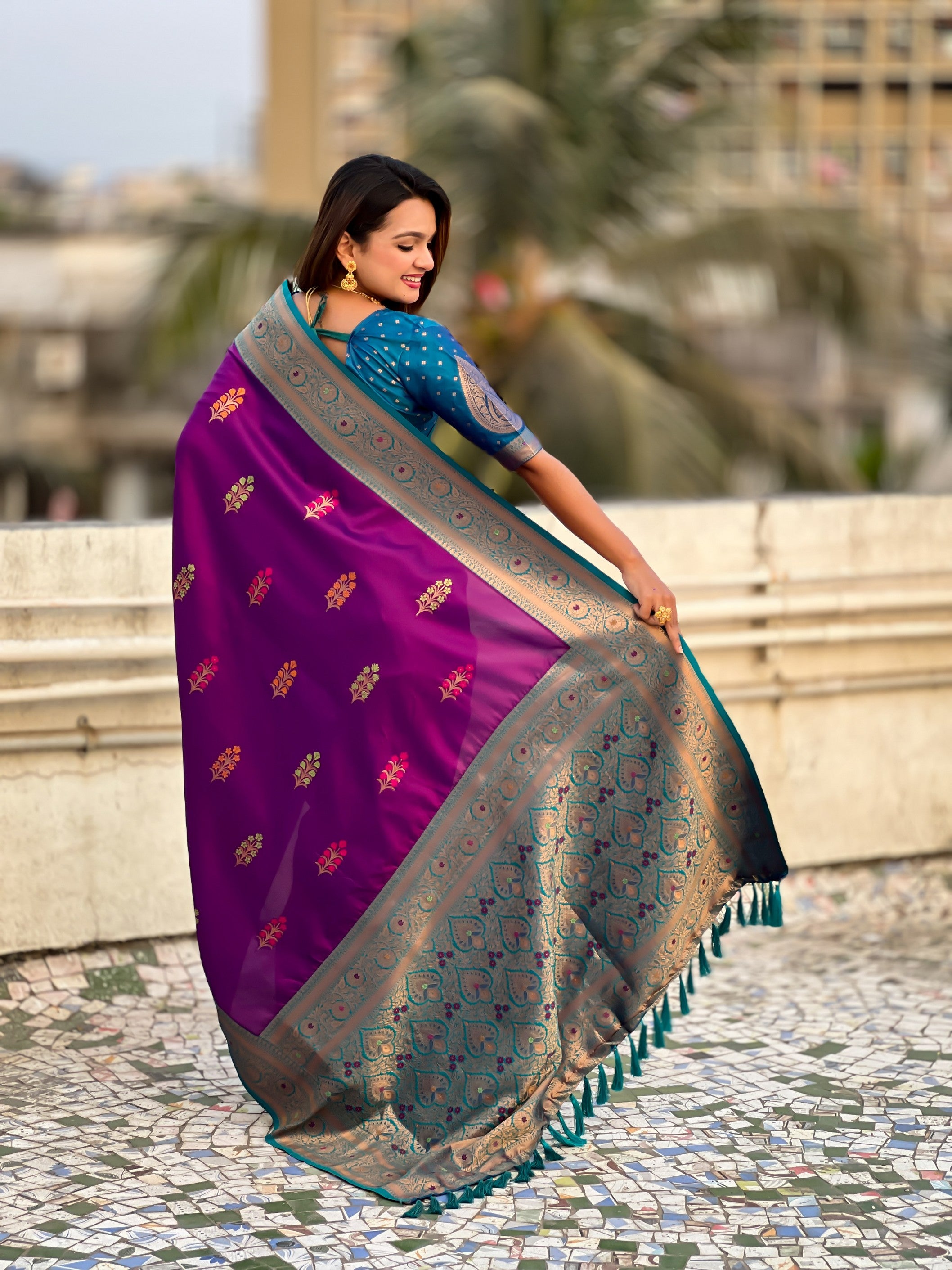 Violet Soft Silk Woven Meenakari Designer Heavy Ceremonial Saree